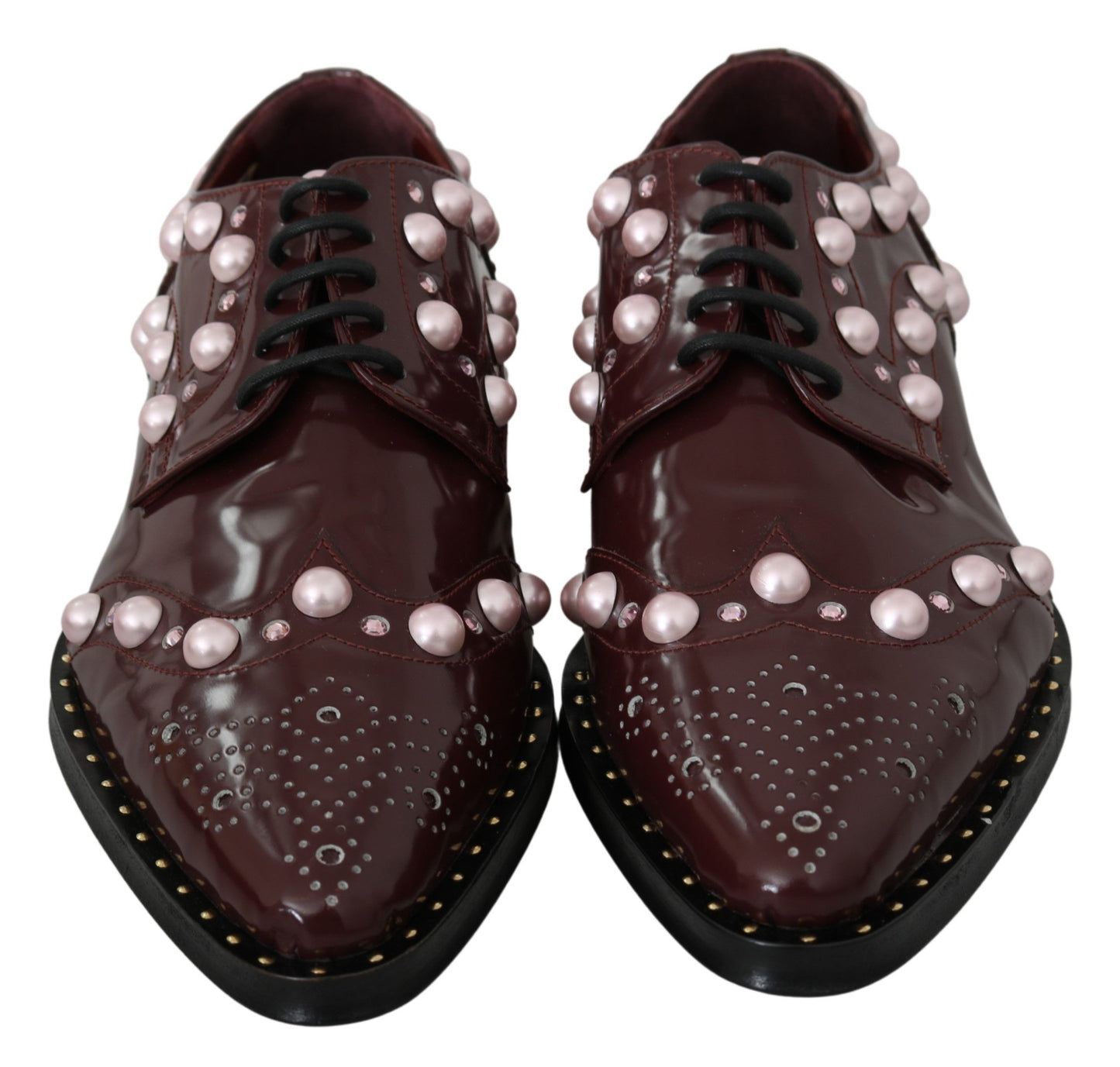 Elegante bordeauxrote Schnürschuhe mit Perlen und Kristallen
