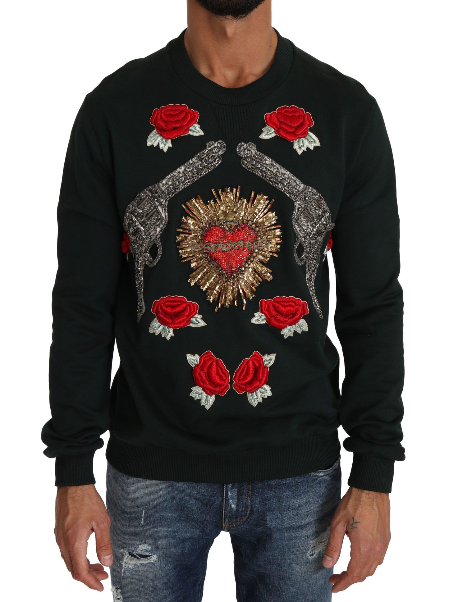 Maglione in cotone color smeraldo con ricamo in cristallo