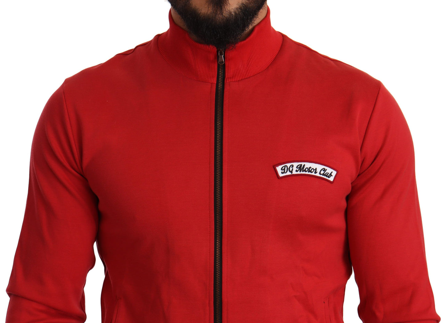 Eleganter roter Pullover mit durchgehendem Reißverschluss und DG Motor Club-Motiv