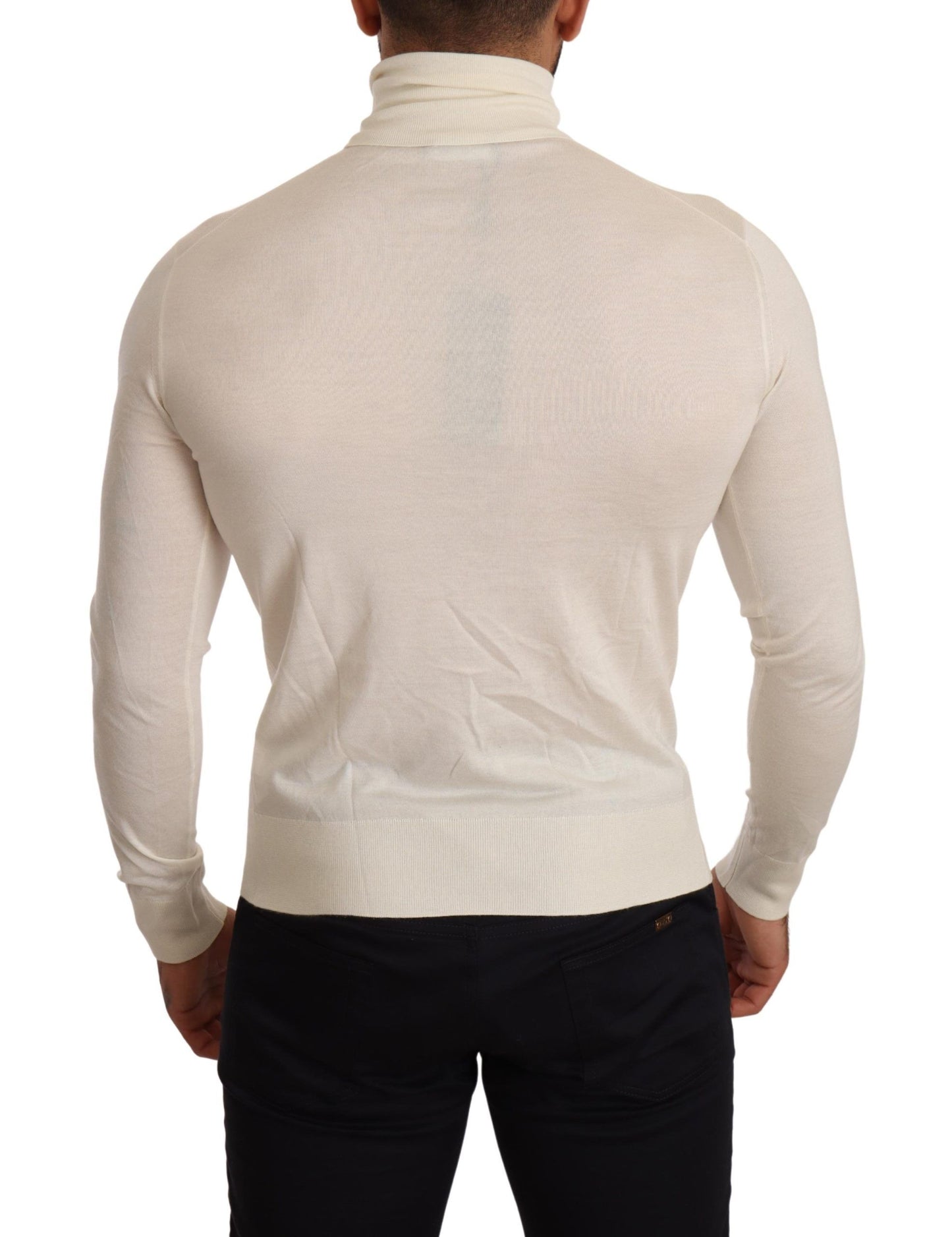 Elfenbeinfarbener Rollkragenpullover aus Kaschmir-Seidenmischung