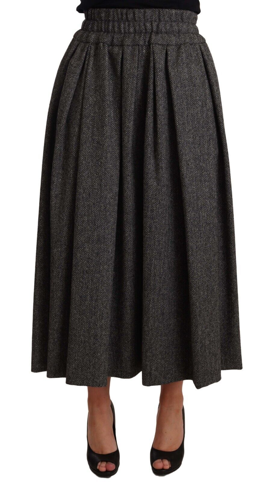 Gonna midi elegante a trapezio in lana a zigzag grigio