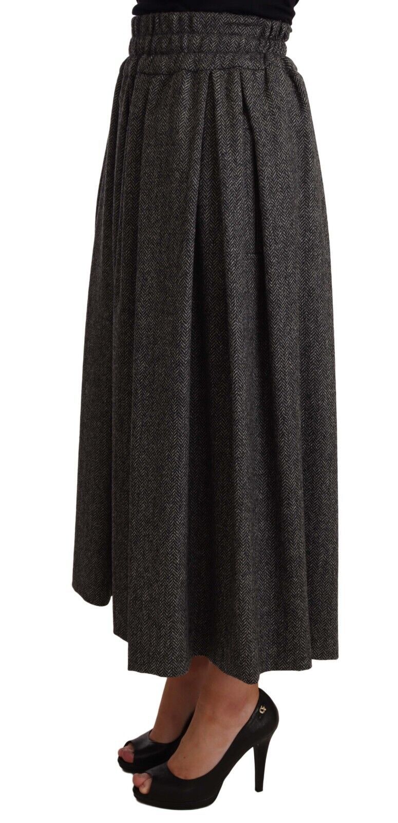 Gonna midi elegante a trapezio in lana a zigzag grigio