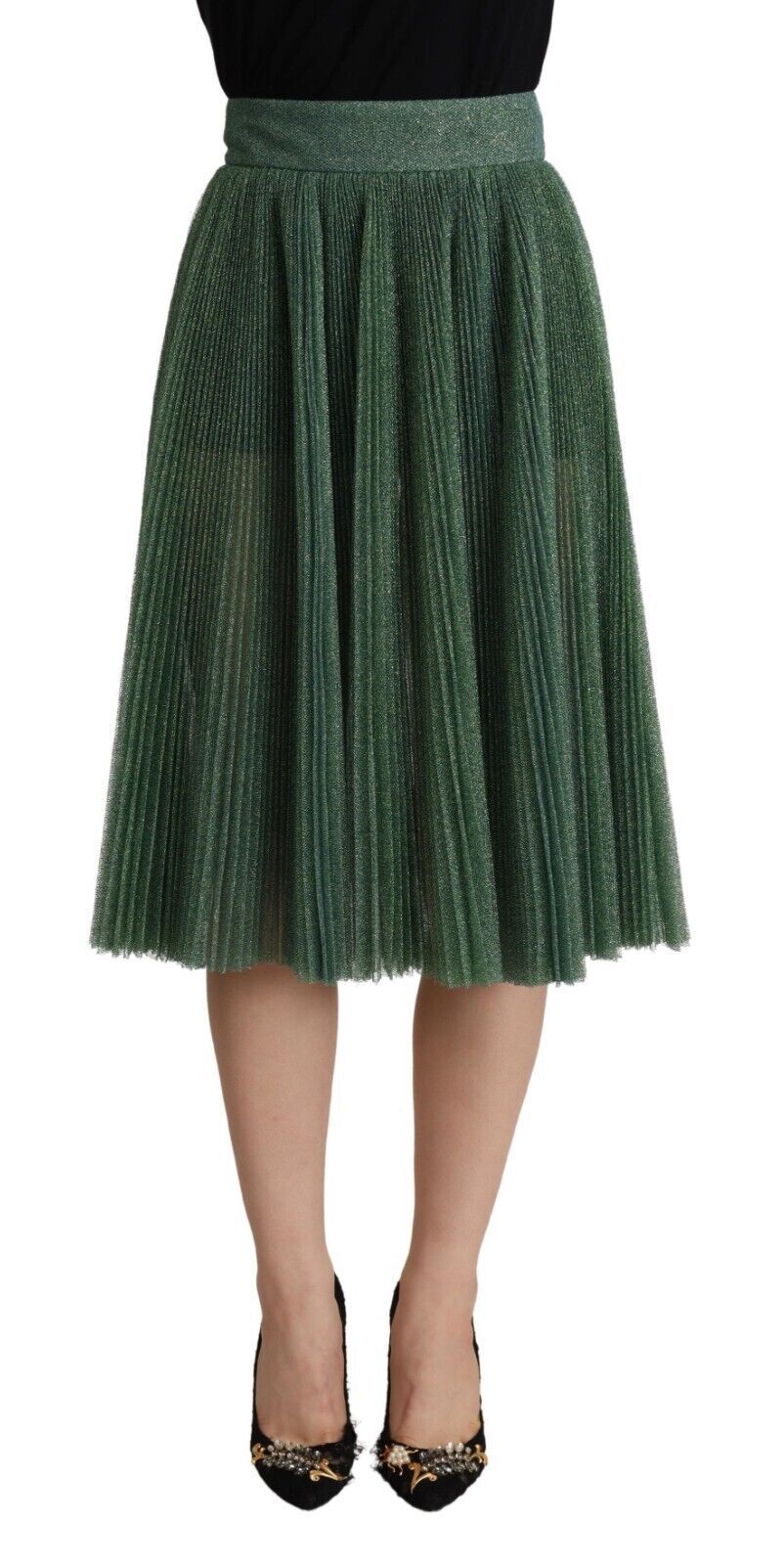 Gonna midi a trapezio plissettata verde metallizzato