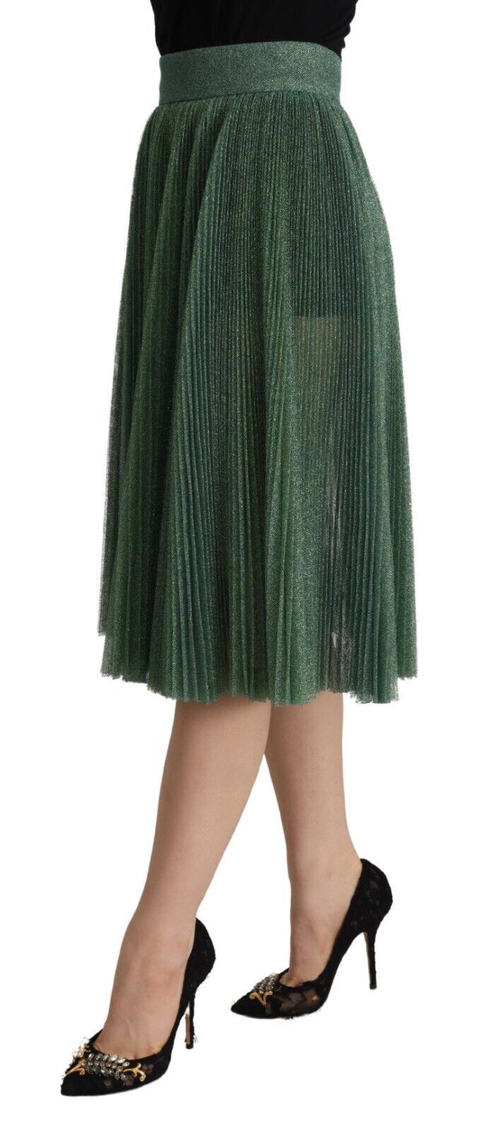 Gonna midi a trapezio plissettata verde metallizzato