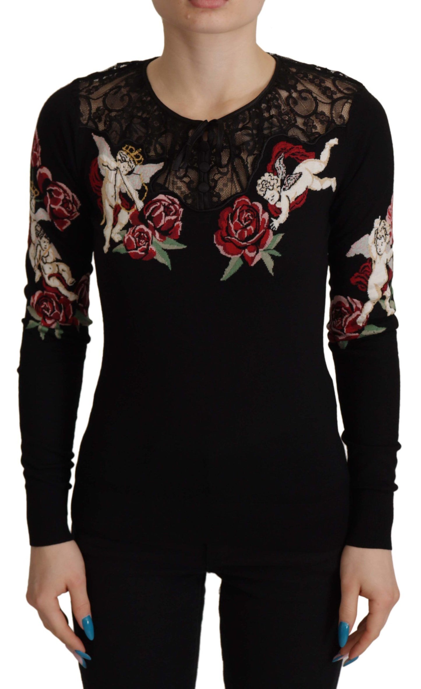 Maglione cardigan con angelo ricamato