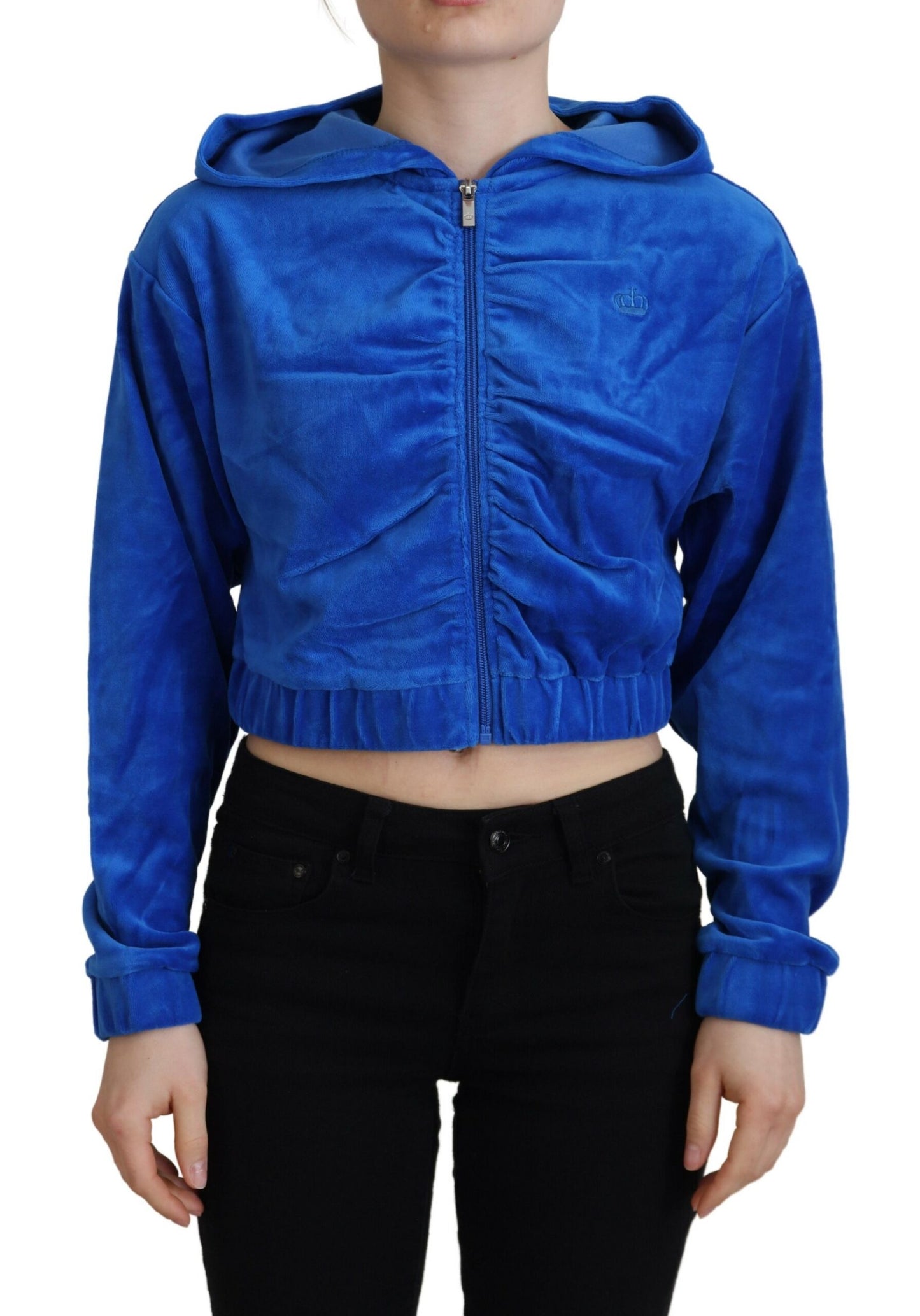Glamouröser Kurzpullover mit Kapuze und Reißverschluss in Blau
