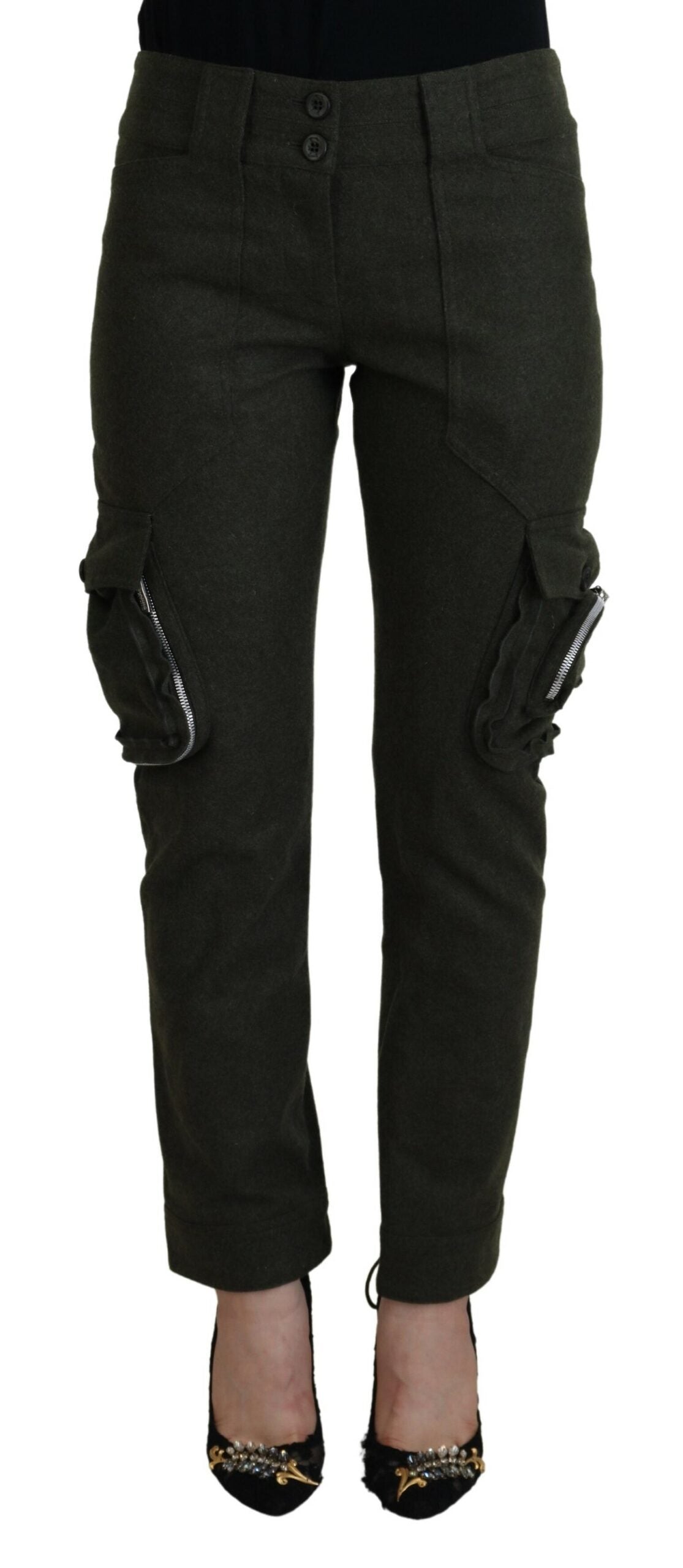Elegante, konisch zulaufende grüne Hose aus Wollmischung