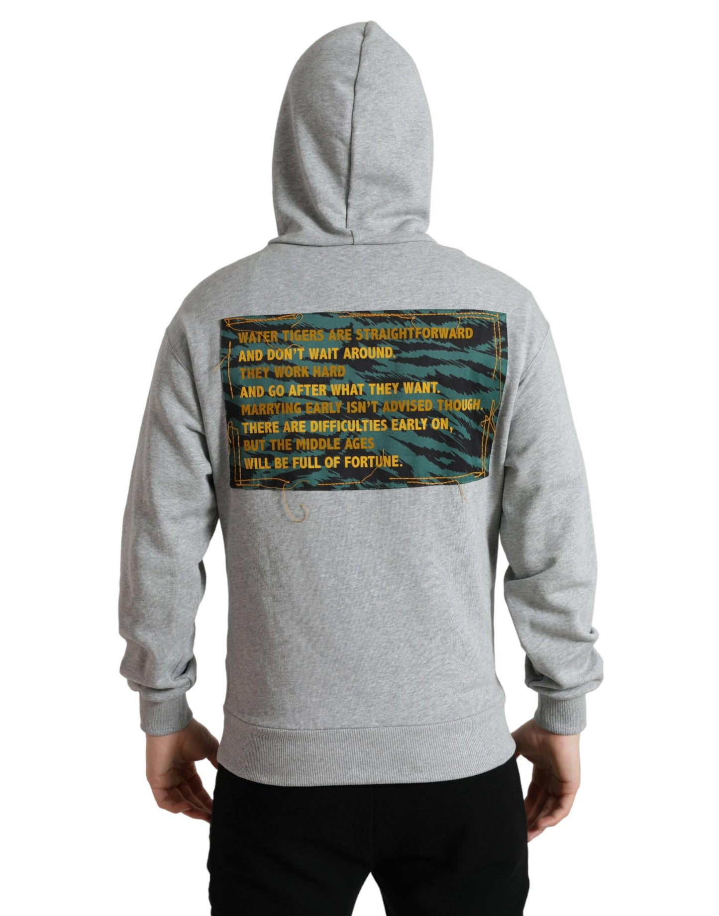 Schicker grauer Baumwollpullover mit Logo und Kapuze