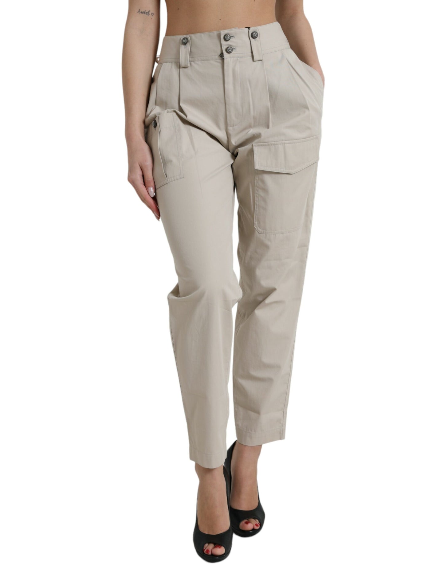 High-Waist Tapered Fashion Pants - Beige
