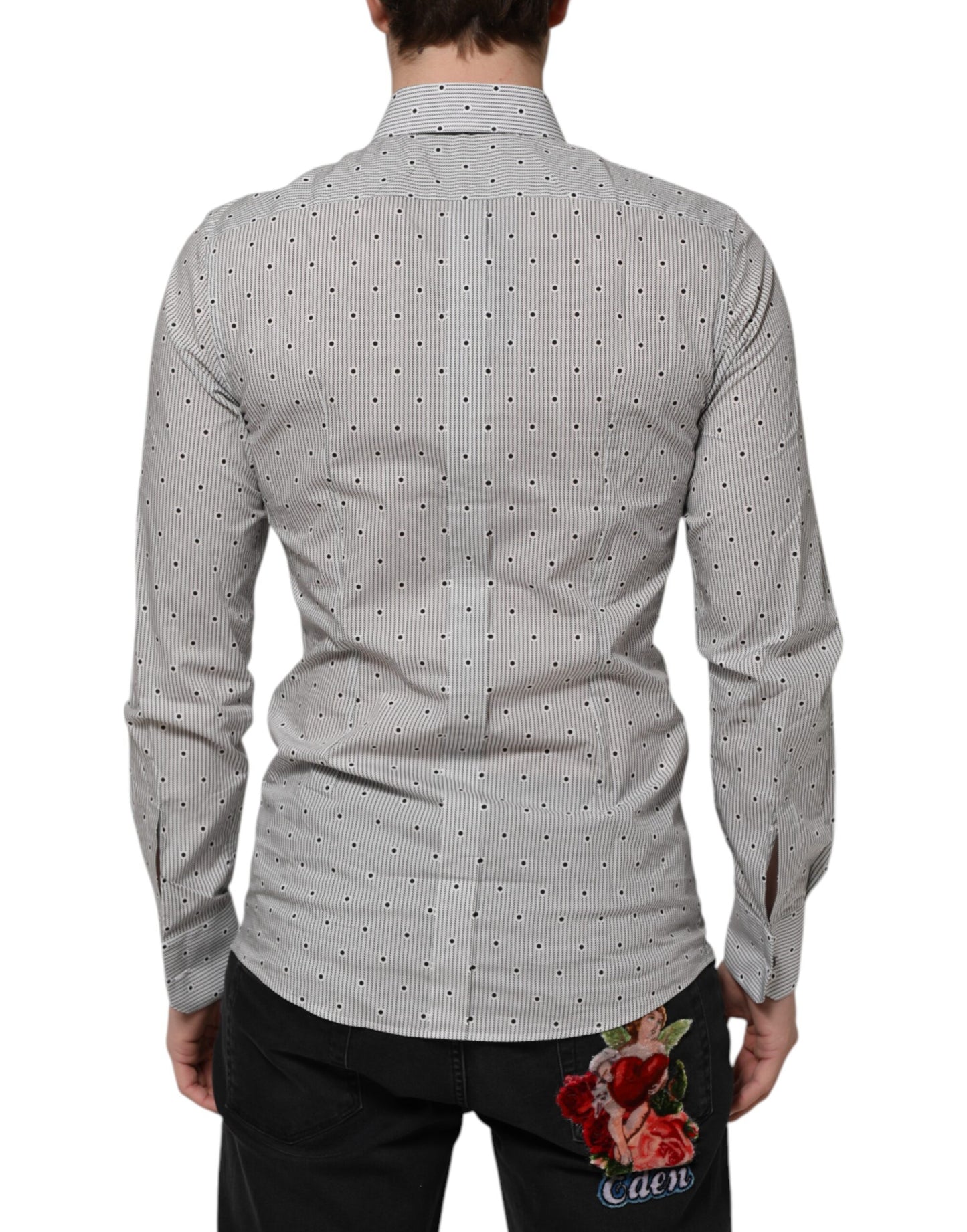 Dolce & Gabbana Gray Dotted Semi Fitted GOLD Men Formal Shirt