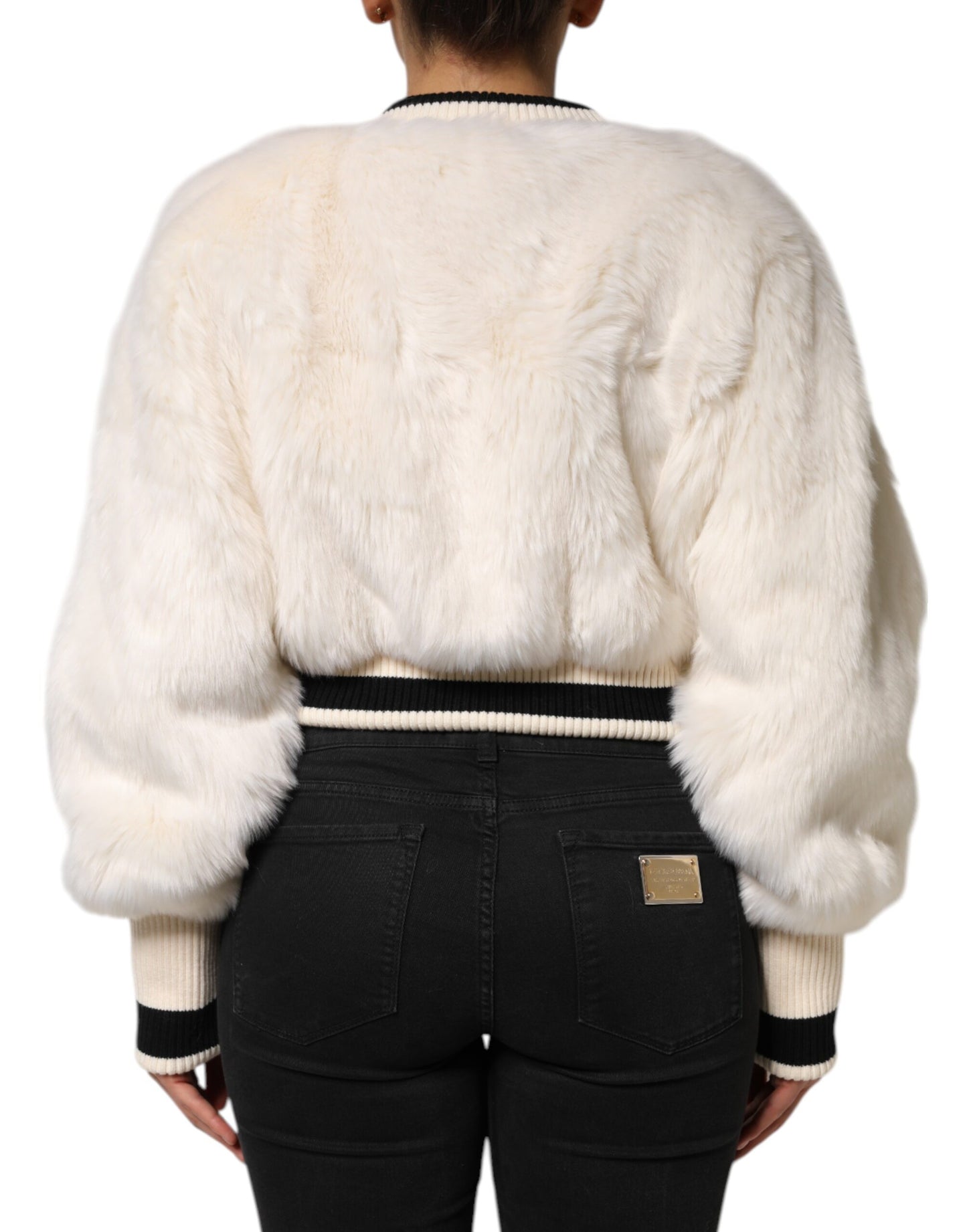 Dolce & Gabbana White Cropped Faux Fur DG Sweatshirt Sweater