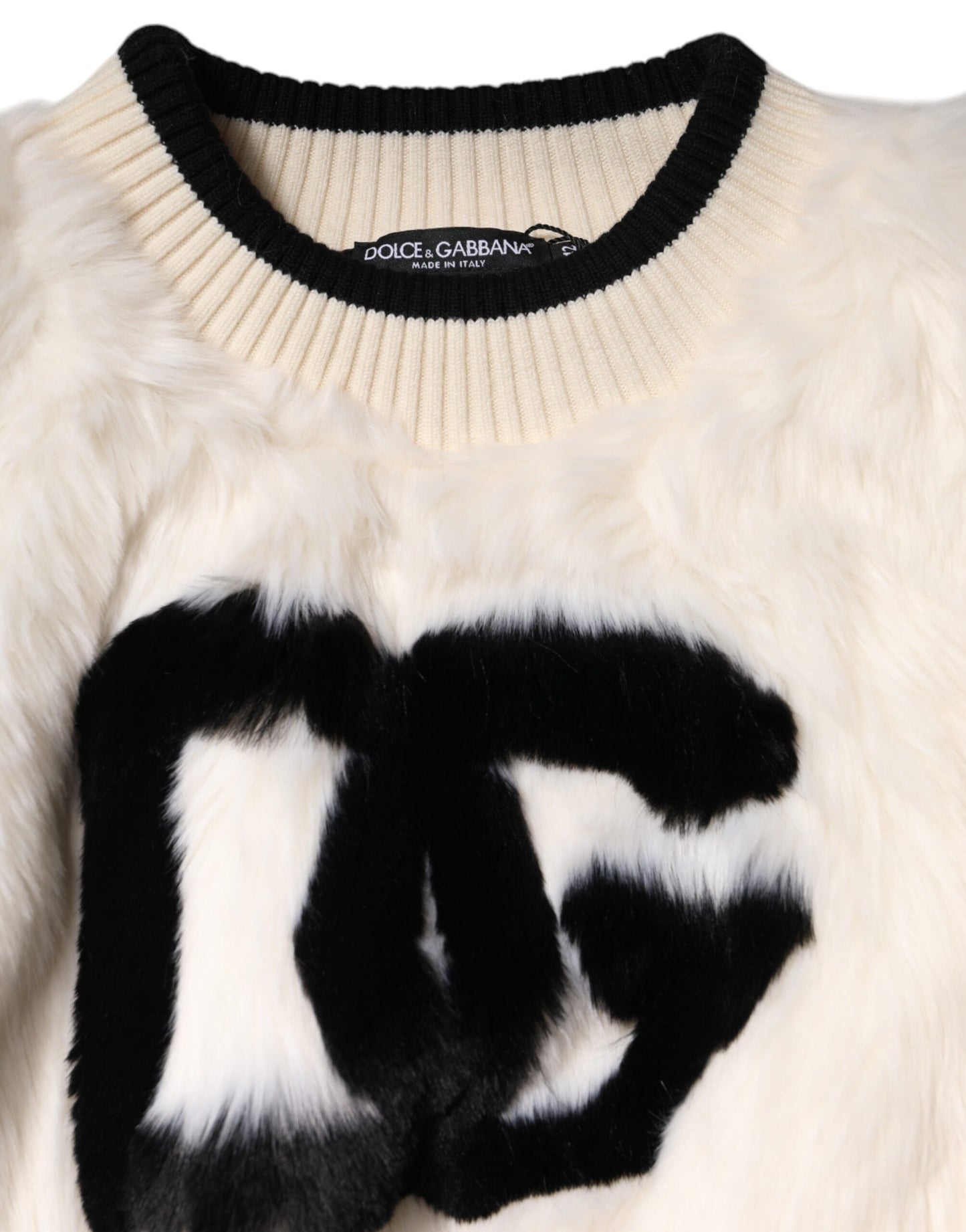 Dolce & Gabbana White Cropped Faux Fur DG Sweatshirt Sweater