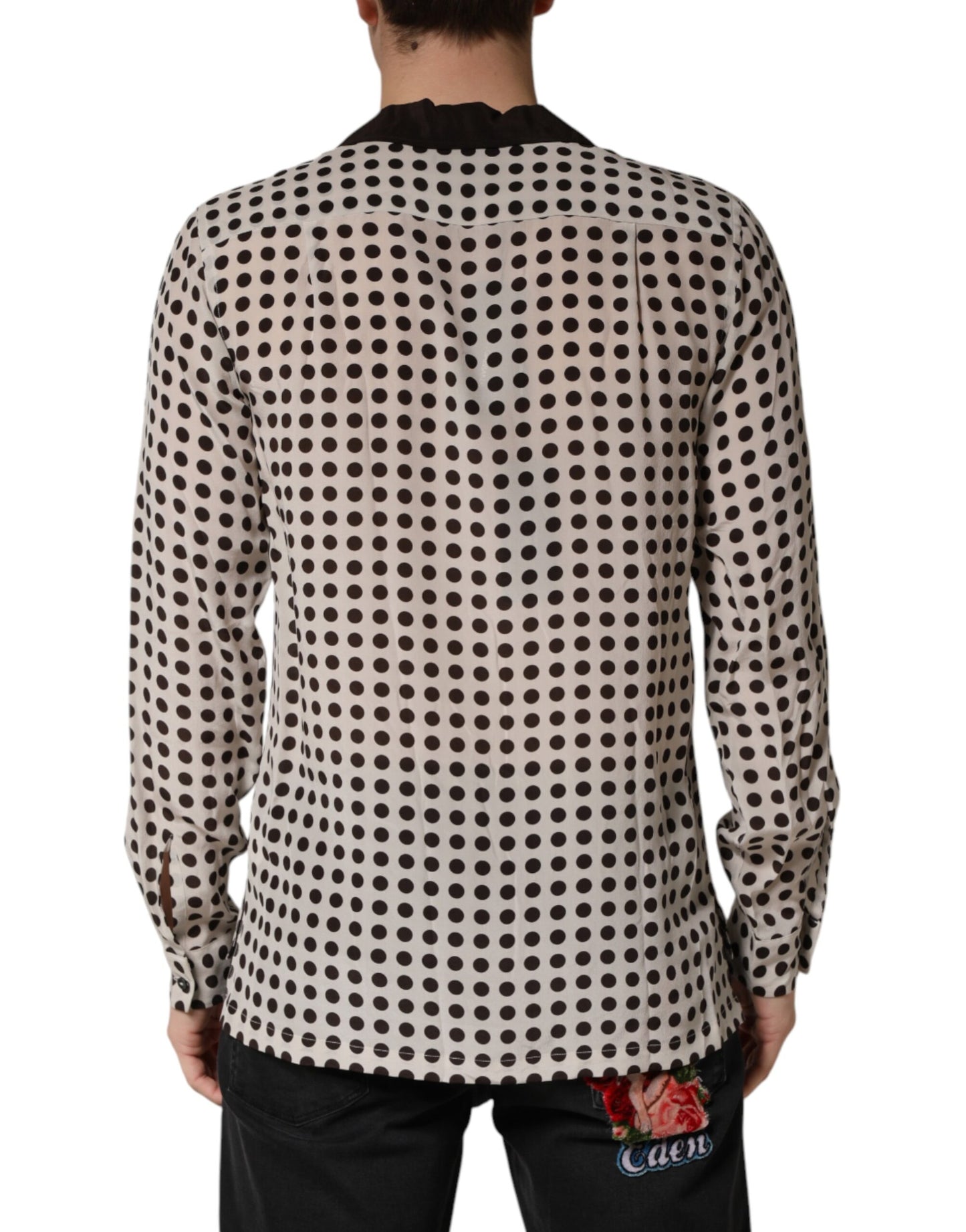 Dolce & Gabbana White Black Polka Dot Silk Men Casual Shirt