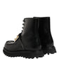Dolce & Gabbana Black Leather DG Plaque Lace Up Boots Shoes