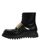 Dolce & Gabbana Black Leather DG Plaque Lace Up Boots Shoes