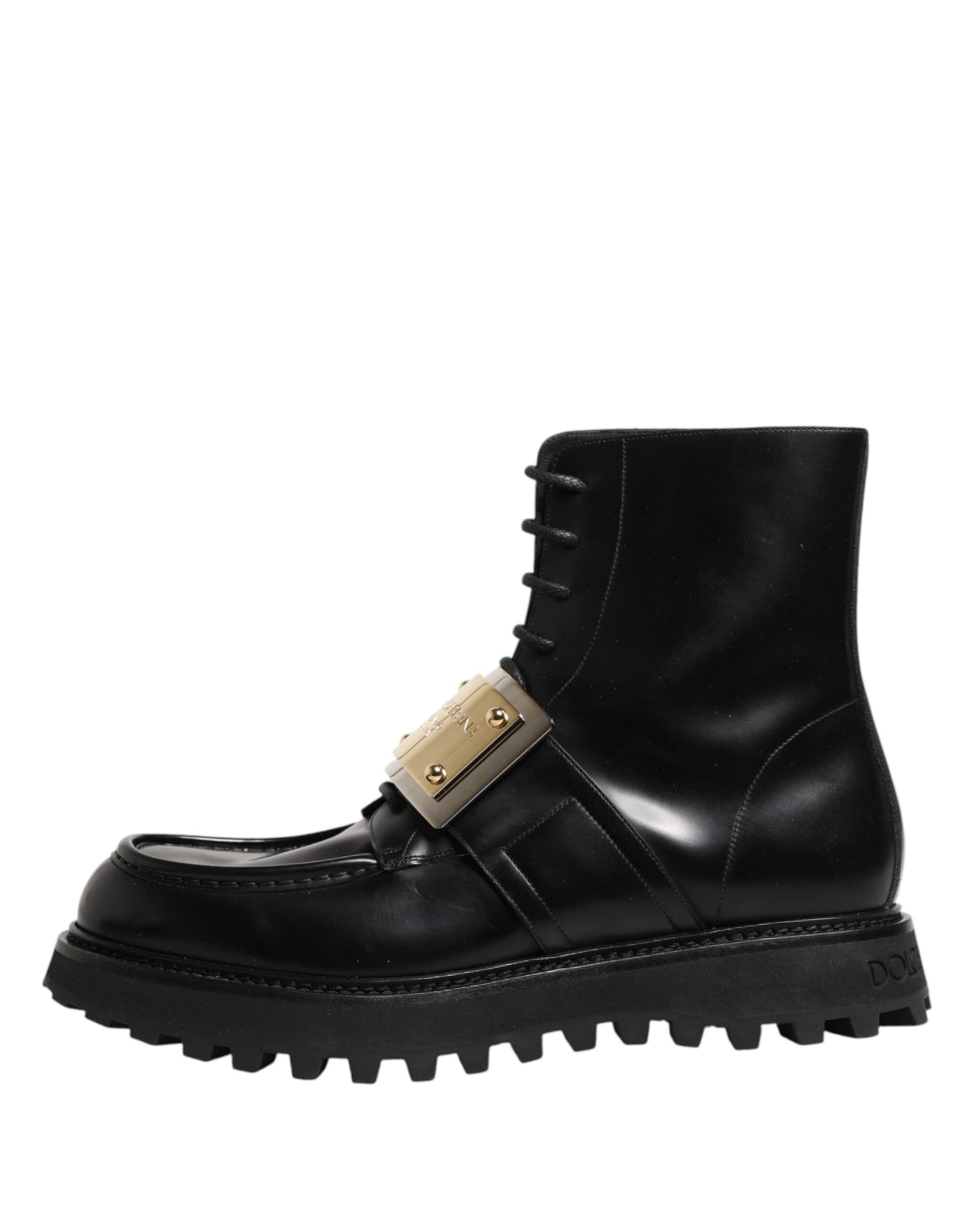Dolce & Gabbana Black Leather DG Plaque Lace Up Boots Shoes