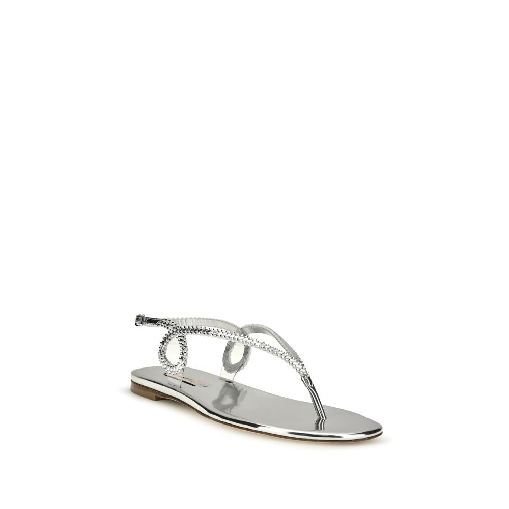 Casadei Silver Calf Leather Bos Taurus Flat Sandals