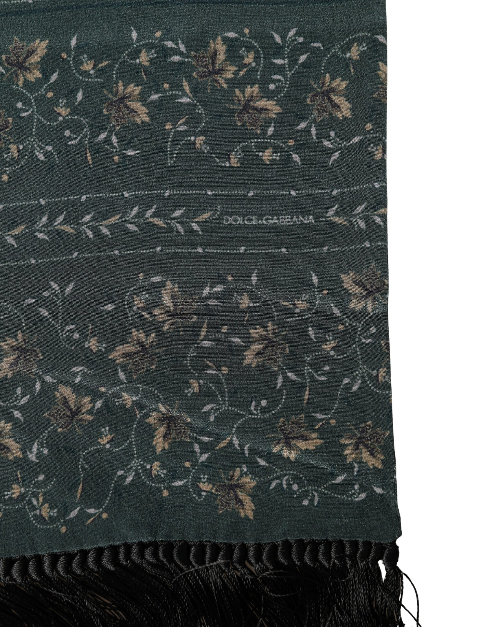 Dolce & Gabbana Green Silk Floral Pattern Fringed 135cm X 16cm  Scarf
