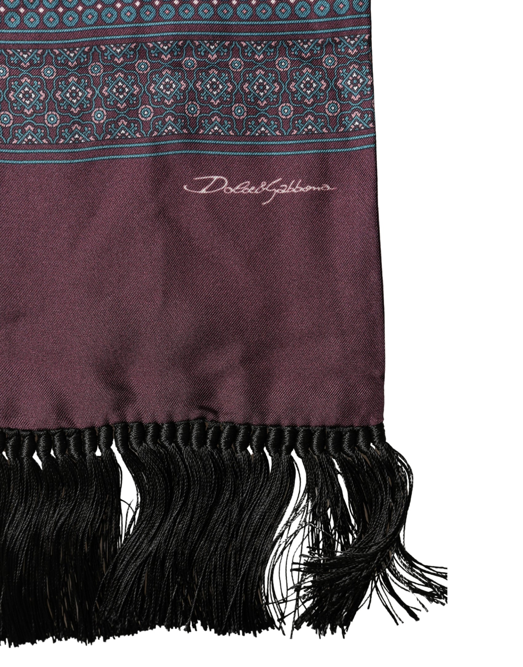 Dolce & Gabbana Bordeaux Silk Fringe Geometric Neck Wrap 142cm X 15cm  Scarf