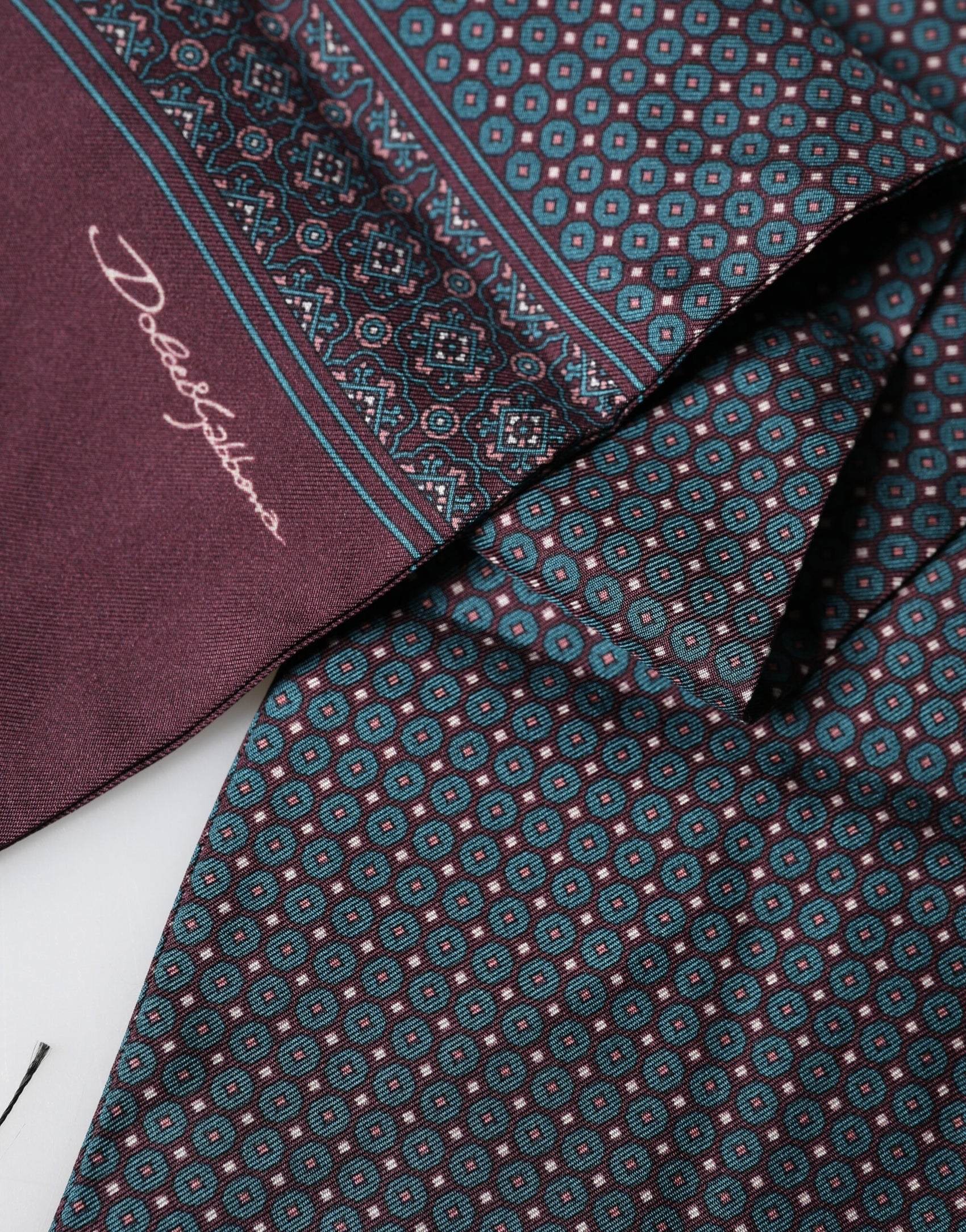 Dolce & Gabbana Bordeaux Silk Fringe Geometric Neck Wrap 142cm X 15cm  Scarf