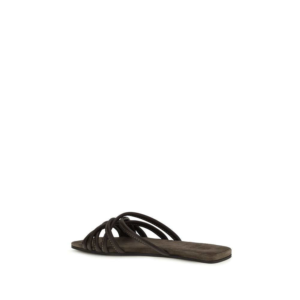 Brunello Cucinelli Brown Calf Leather Bos Taurus Flat Sandals