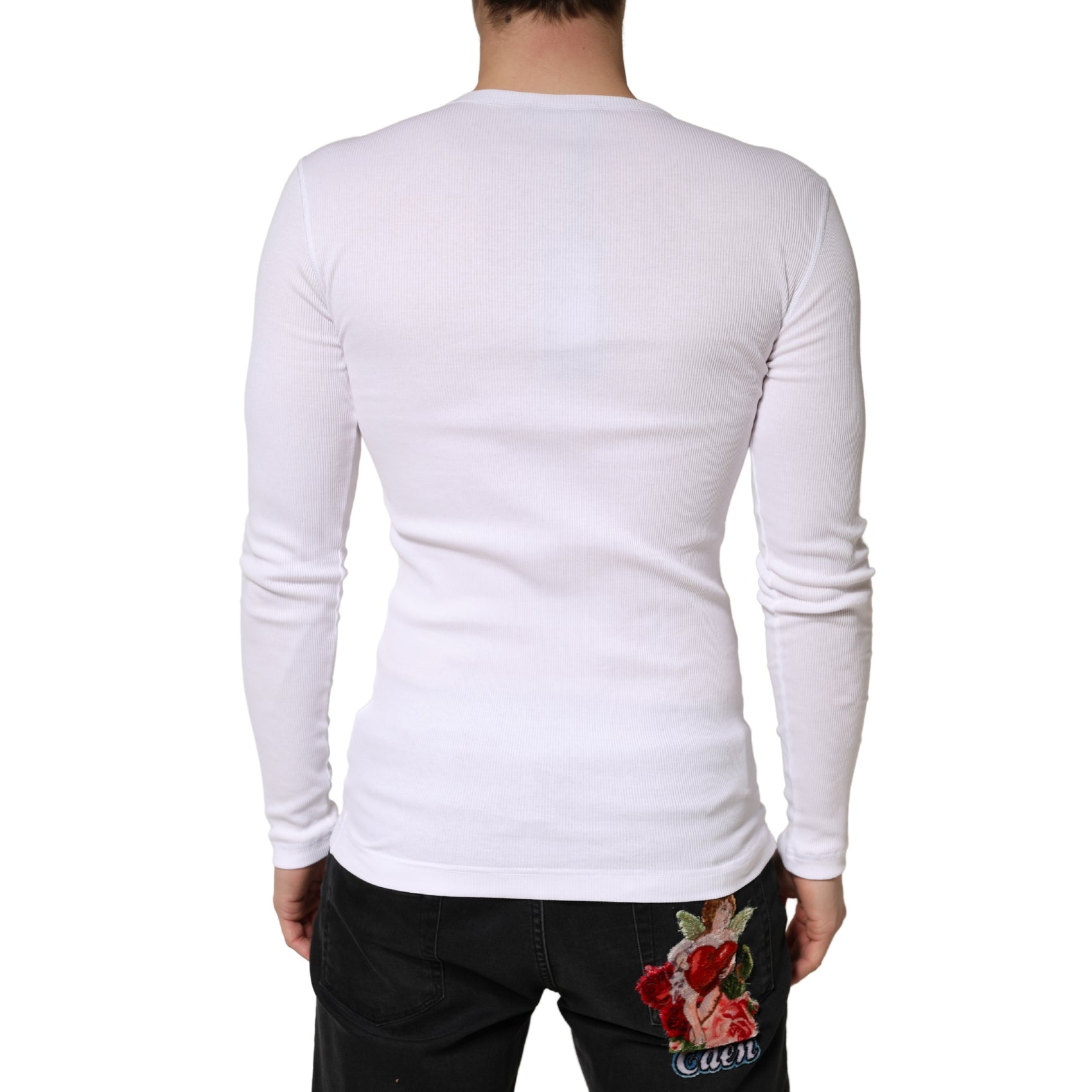 Dolce & Gabbana White Ribbed Cotton Long Sleeve Henley Sweater