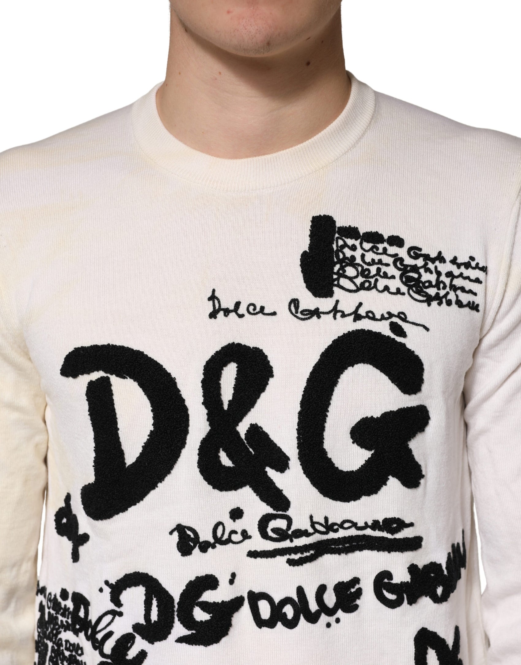Dolce & Gabbana White Virgin Wool Graphic Logo Crewneck Sweater