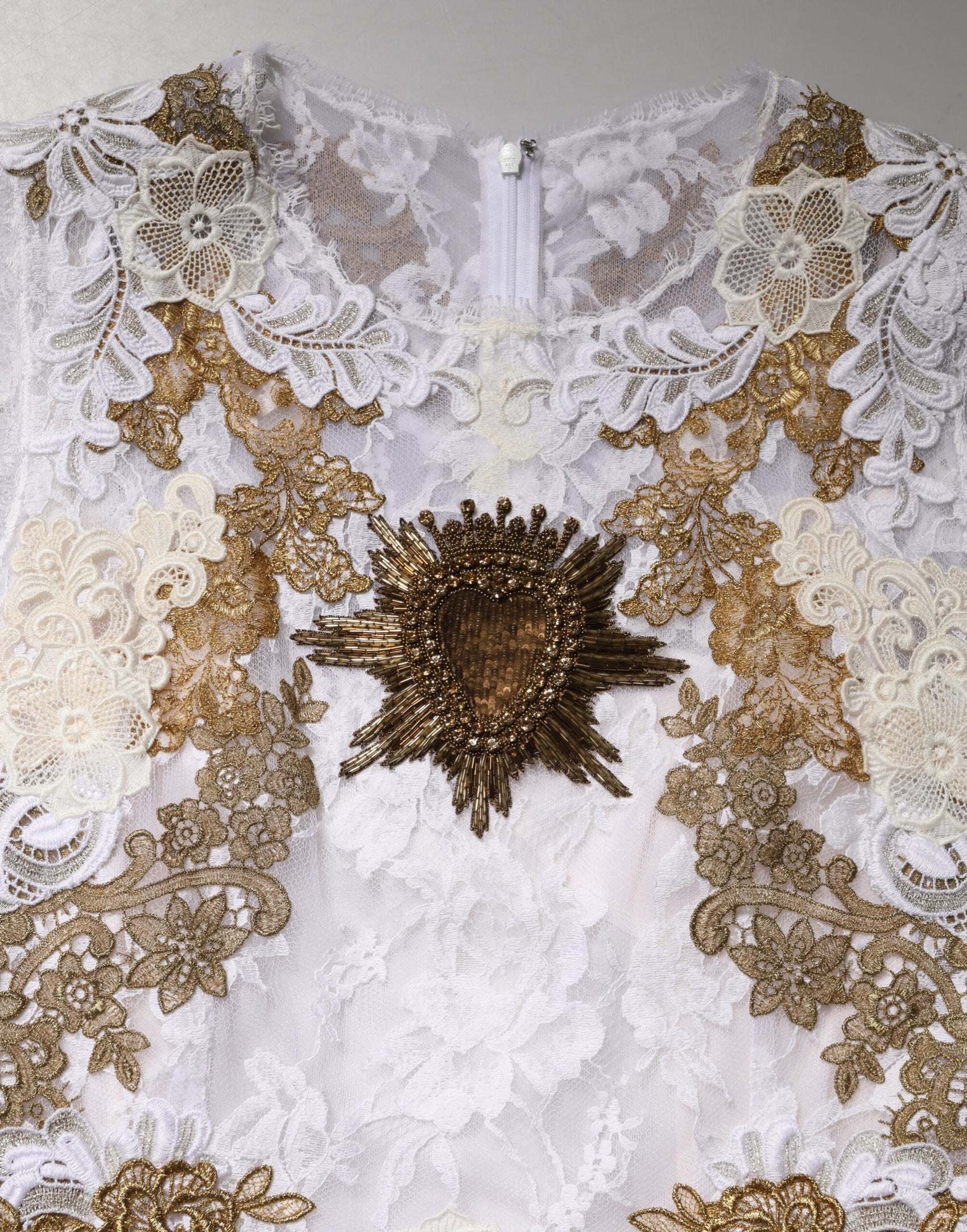 Dolce & Gabbana Ivory Lace Silk Embellished Sleeveless  Dress