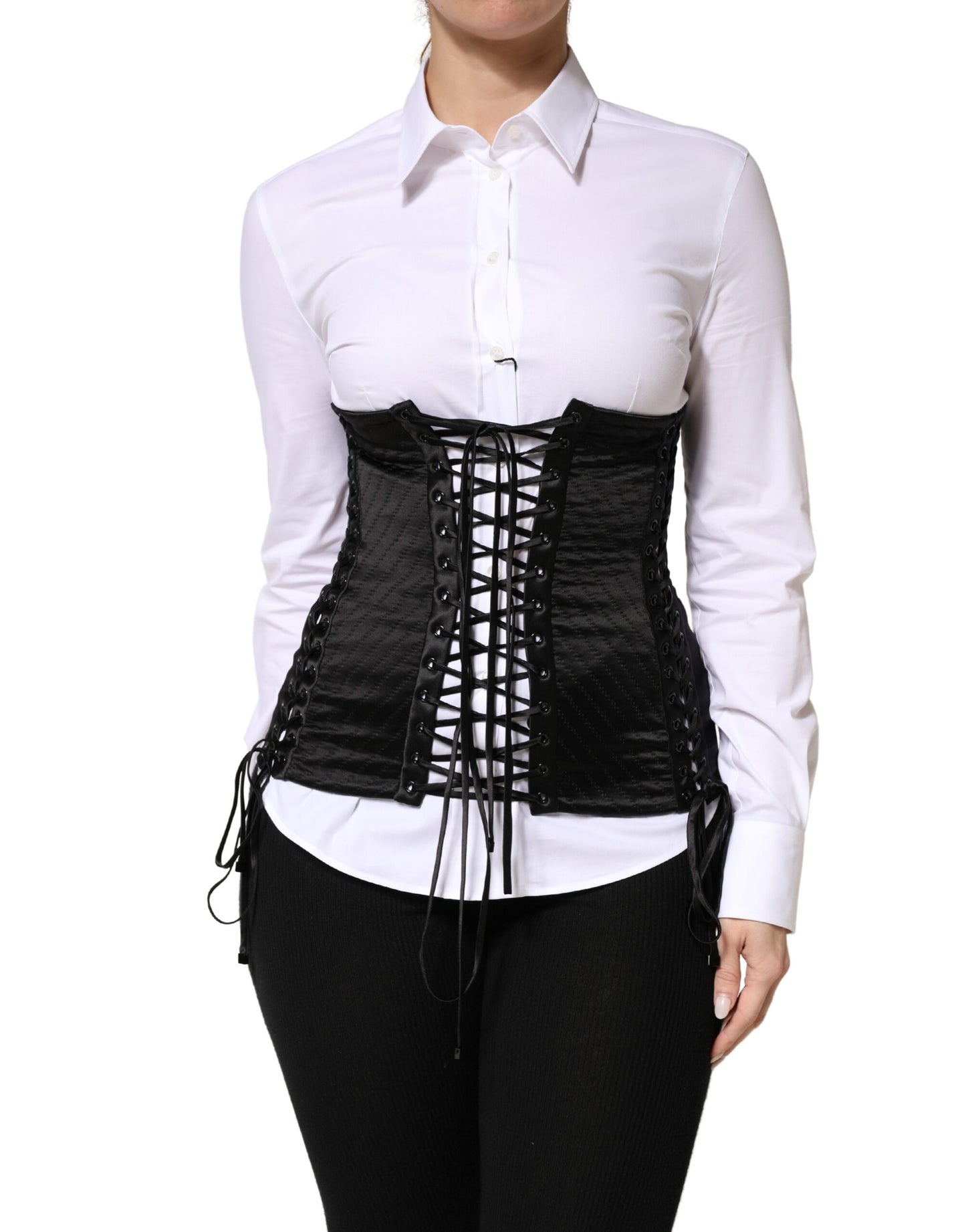 Dolce & Gabbana Black Silk Lace-Up Waist Cincher Corset Top