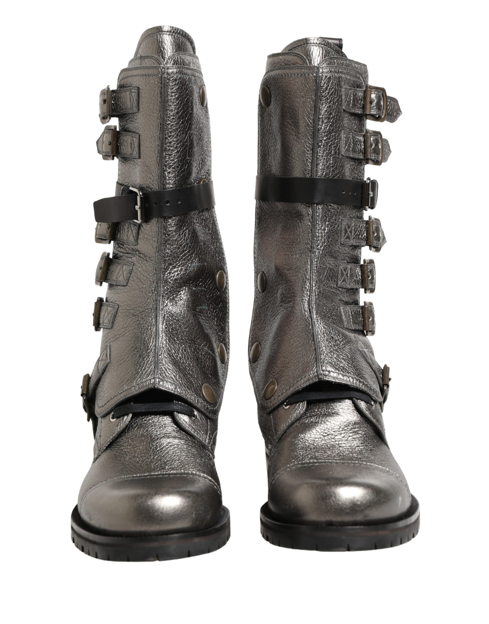 Dolce & Gabbana Metallic Leather Buckle Combat Boots Shoes