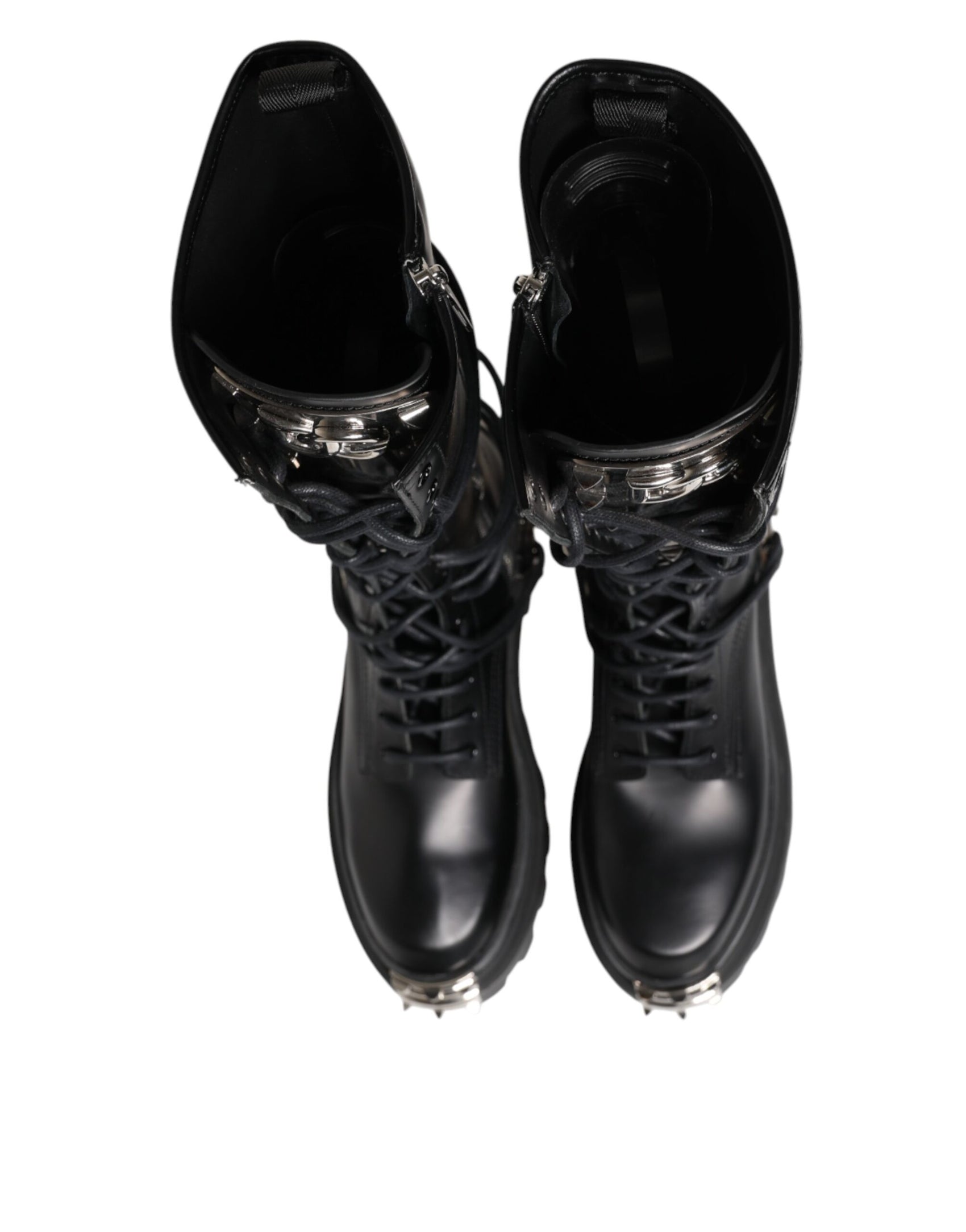 Dolce & Gabbana Black Leather Knee High Combat Boots Shoes