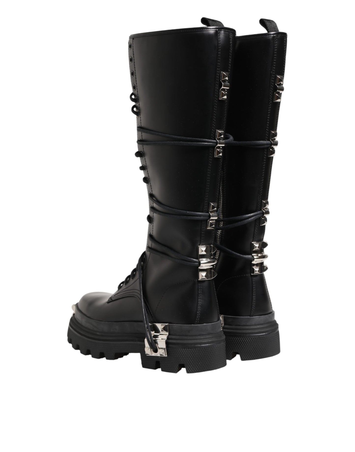 Dolce & Gabbana Black Leather Knee High Combat Boots Shoes