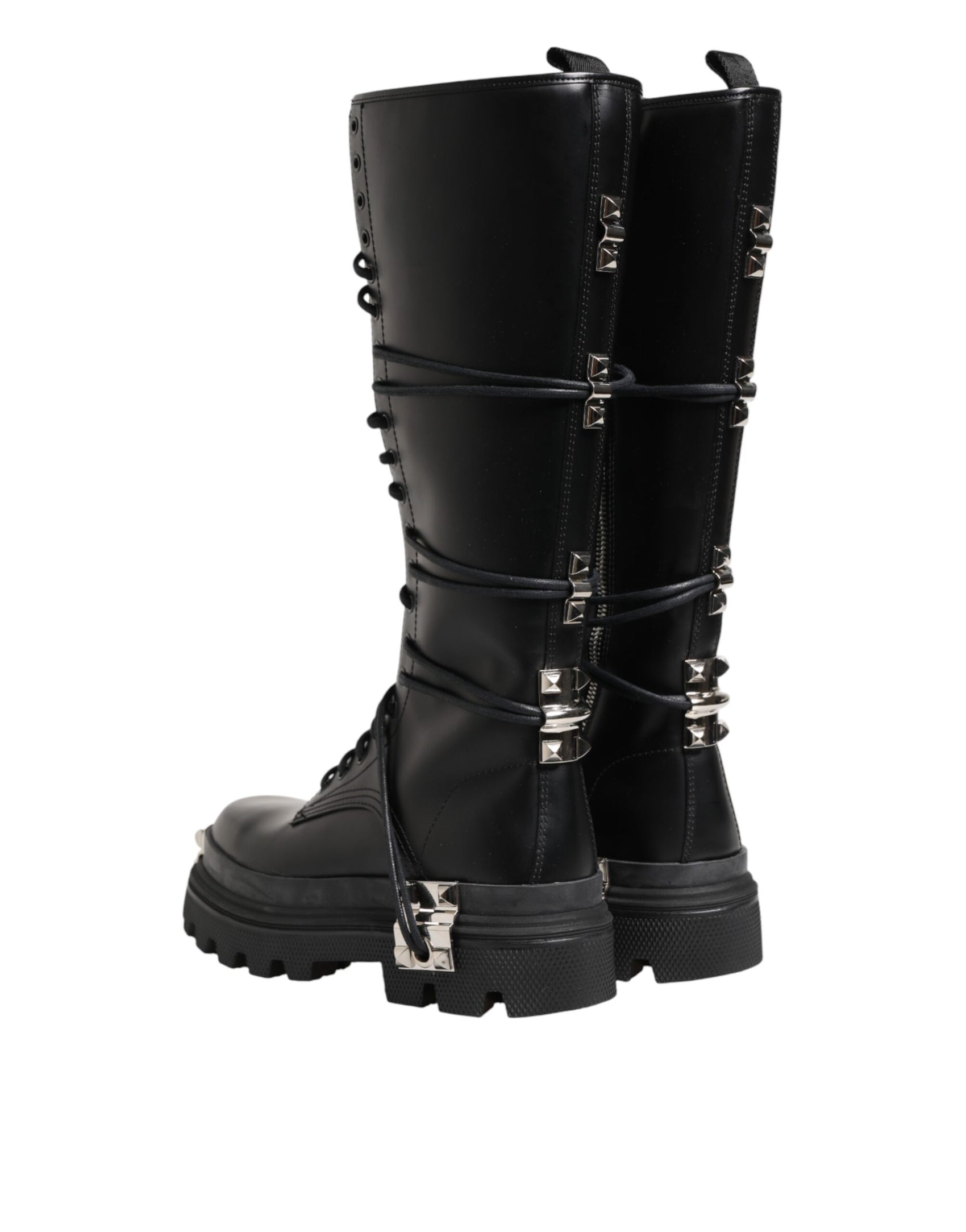 Dolce & Gabbana Black Leather Knee High Combat Boots Shoes