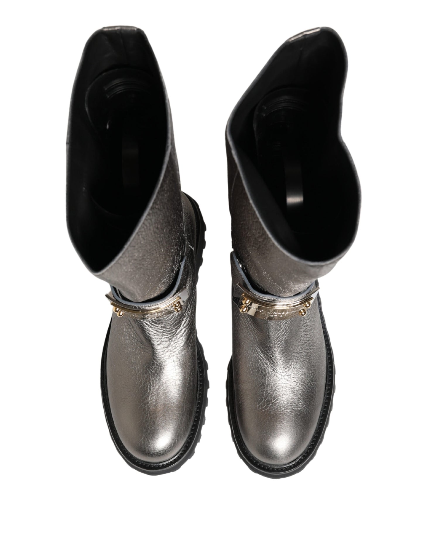 Dolce & Gabbana Metallic Silver Leather Mid Calf Boots Shoes