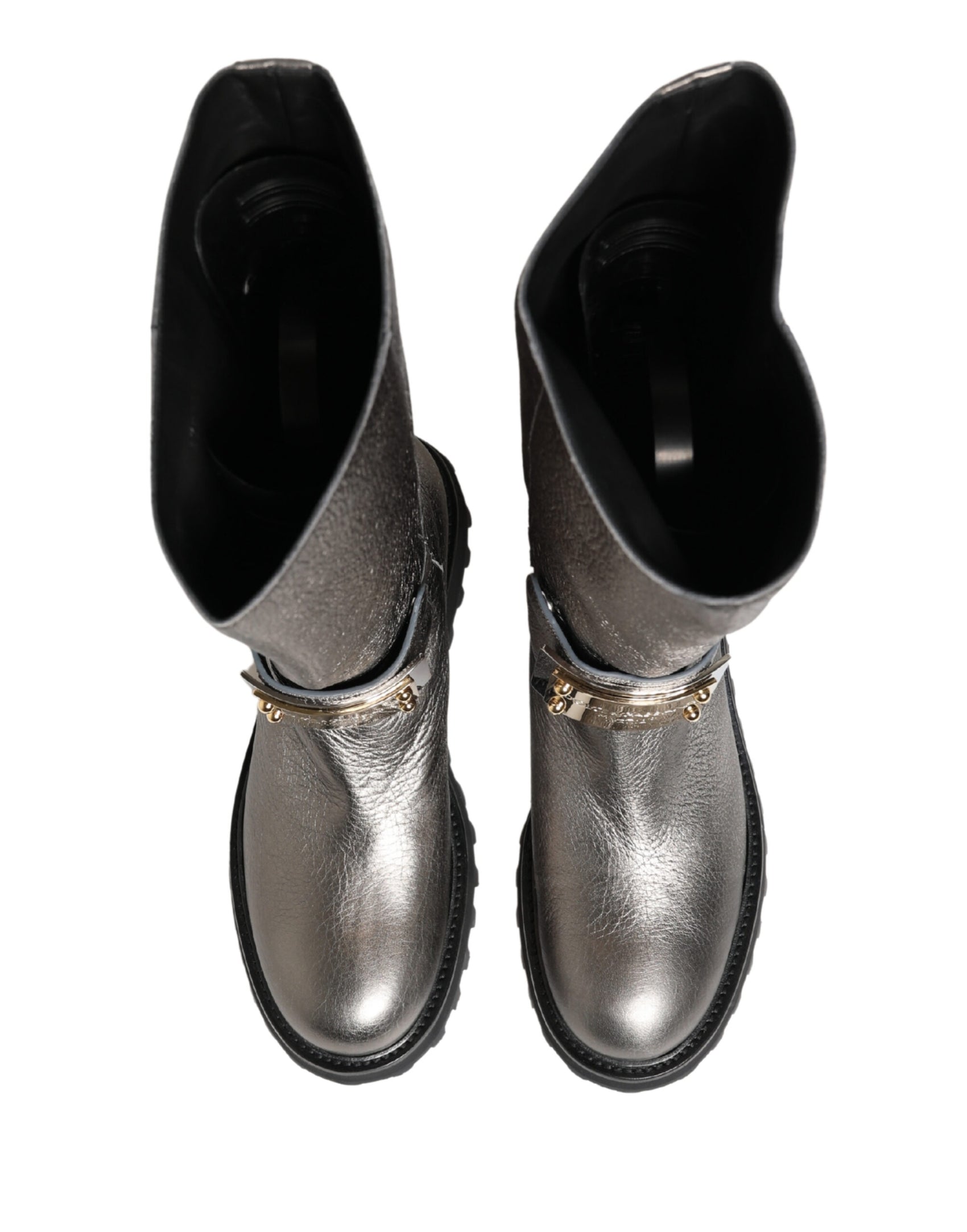 Dolce & Gabbana Metallic Silver Leather Mid Calf Boots Shoes