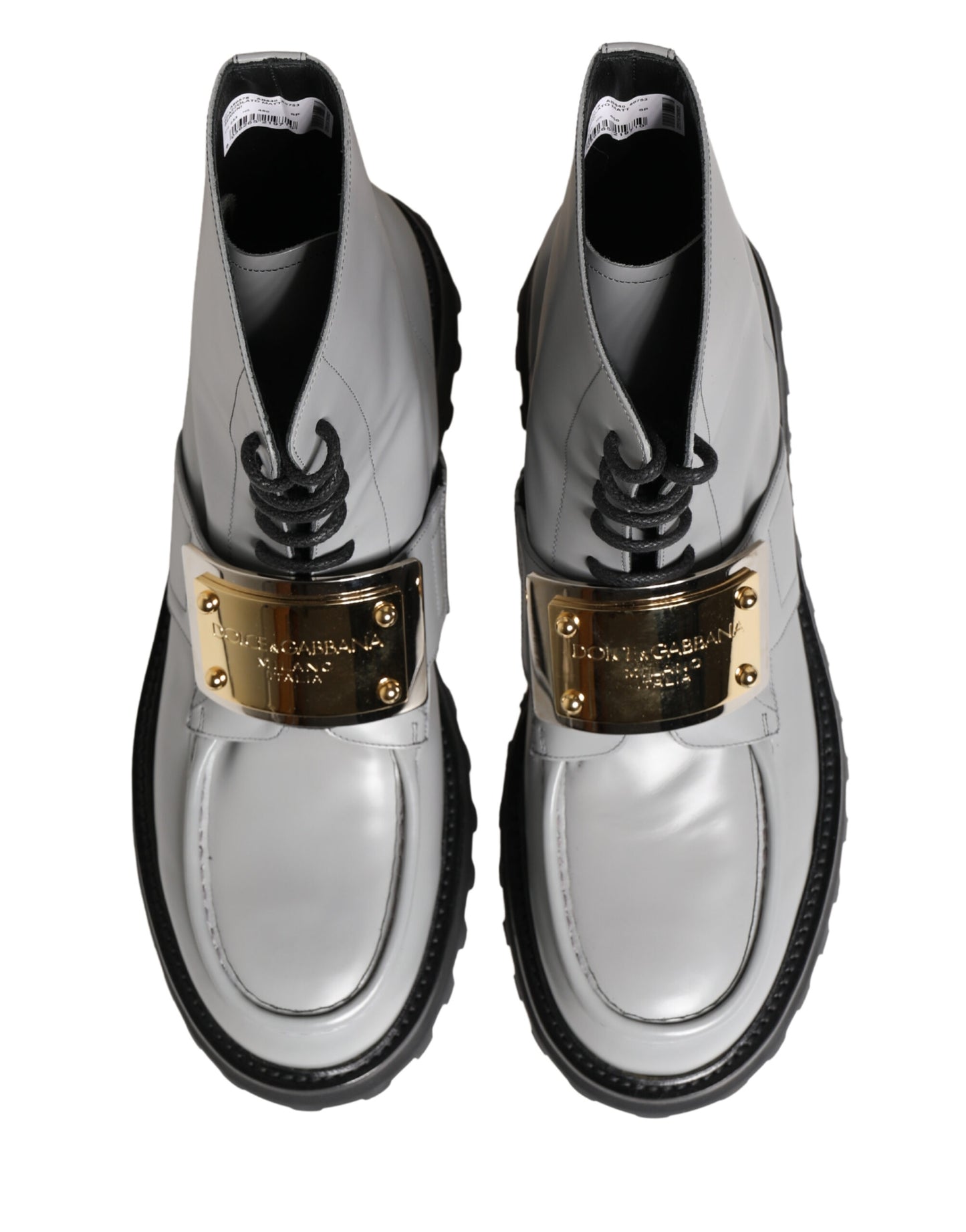 Dolce & Gabbana Gray Leather Logo Plaque Ankle Boots Shoes