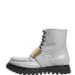 Dolce & Gabbana Gray Leather Logo Plaque Ankle Boots Shoes
