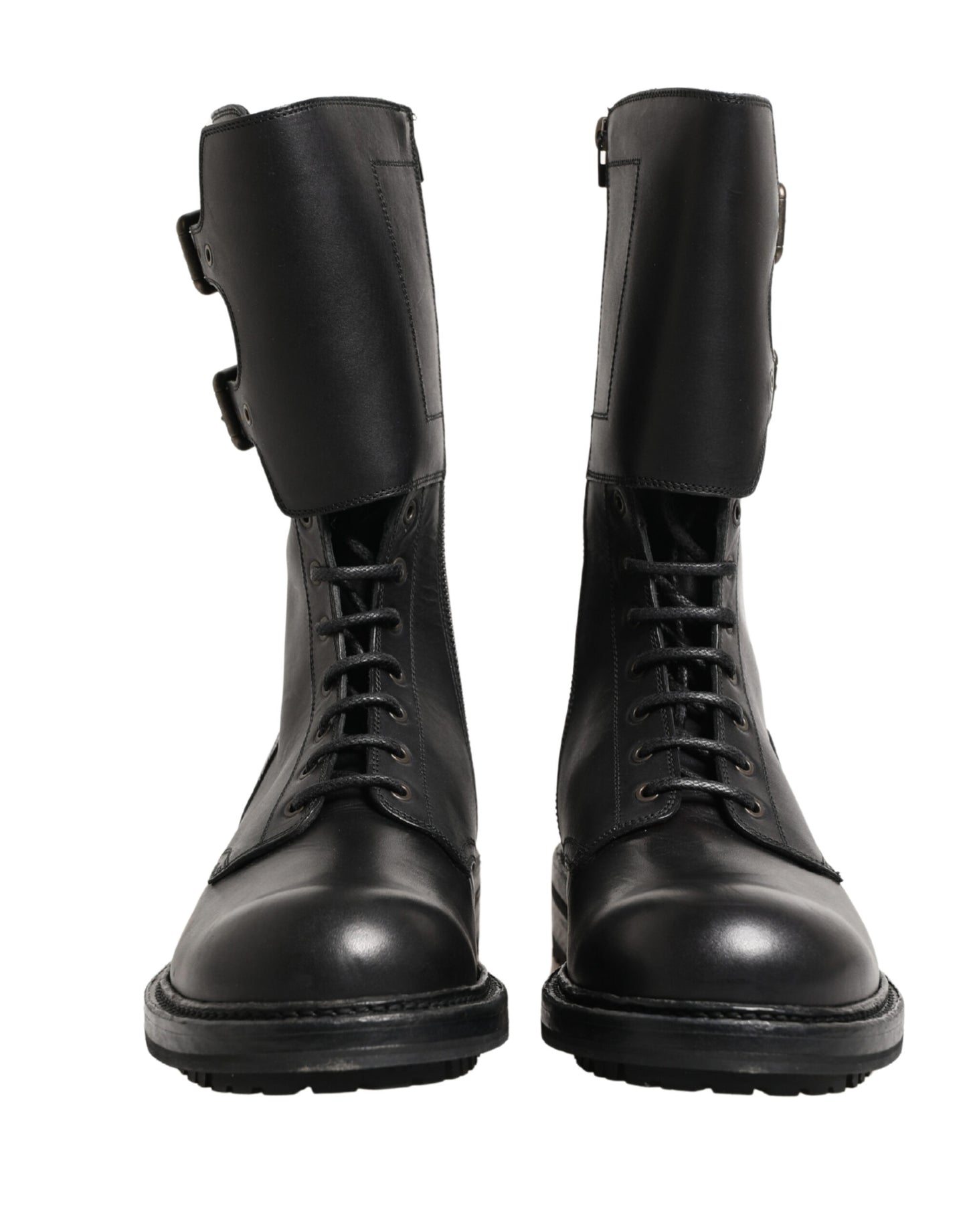 Dolce & Gabbana Black Leather Belted Buckle Combat Boots Shoes