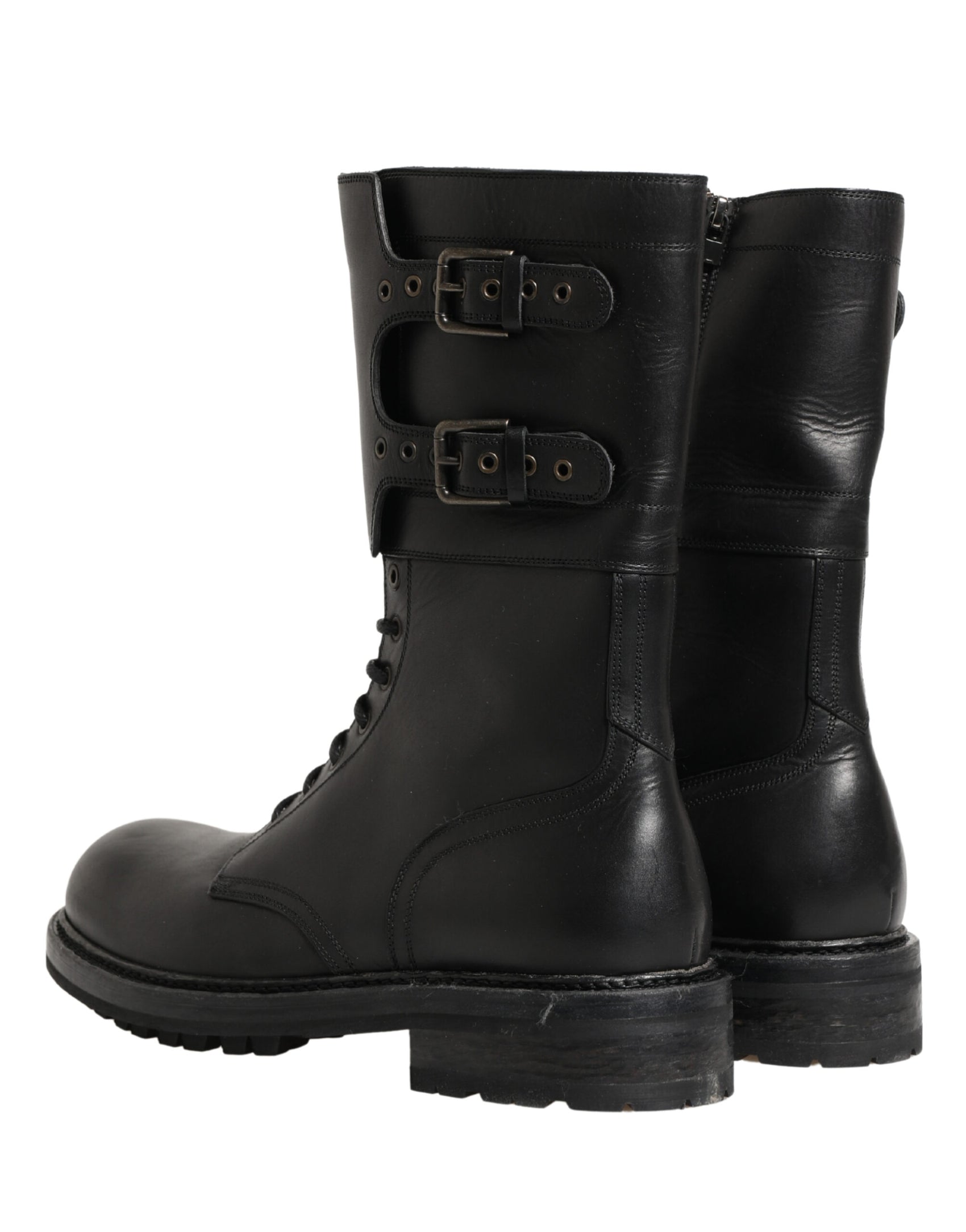 Dolce & Gabbana Black Leather Belted Buckle Combat Boots Shoes