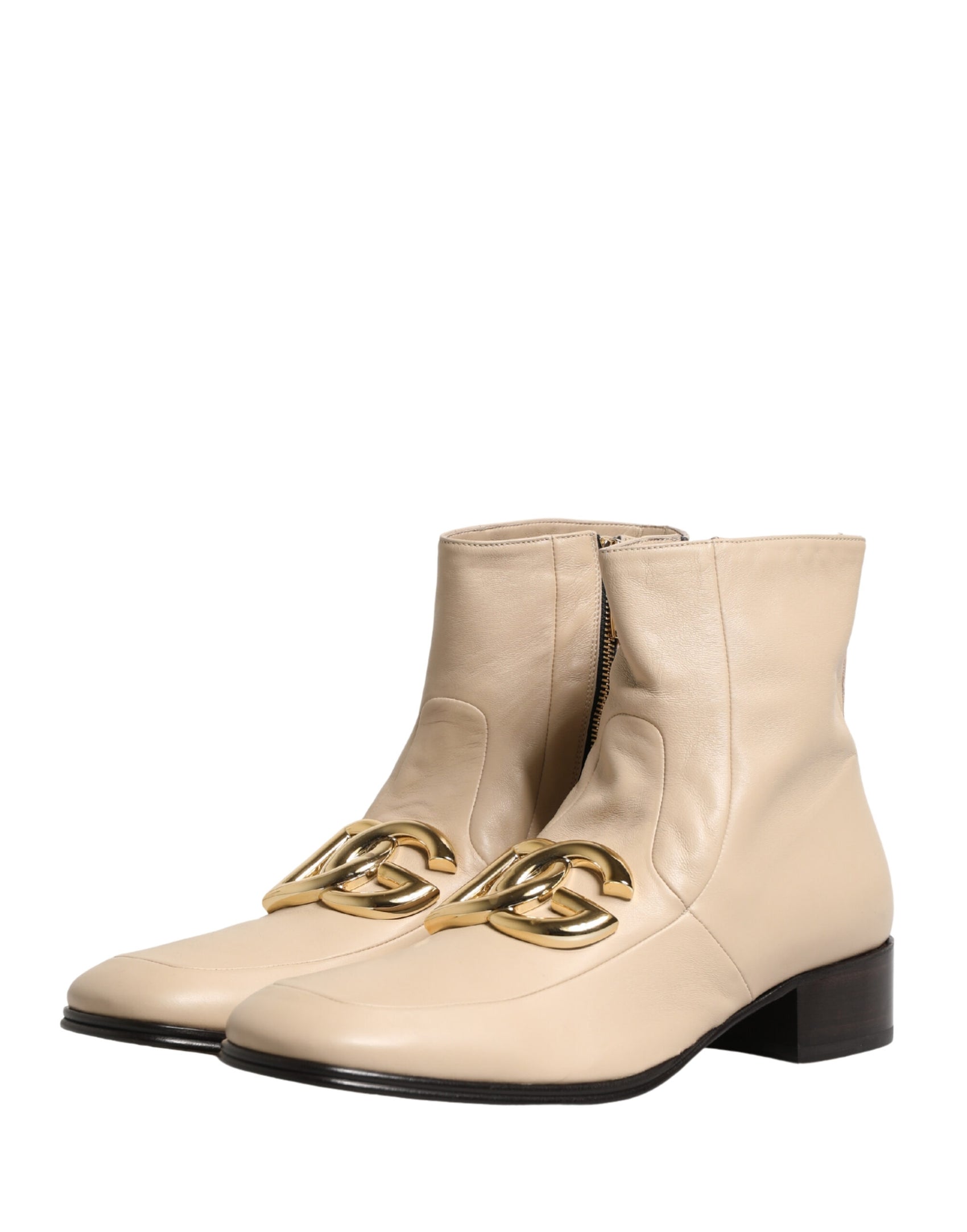 Dolce & Gabbana Beige Leather Logo Plaque Ankle Boots Shoes