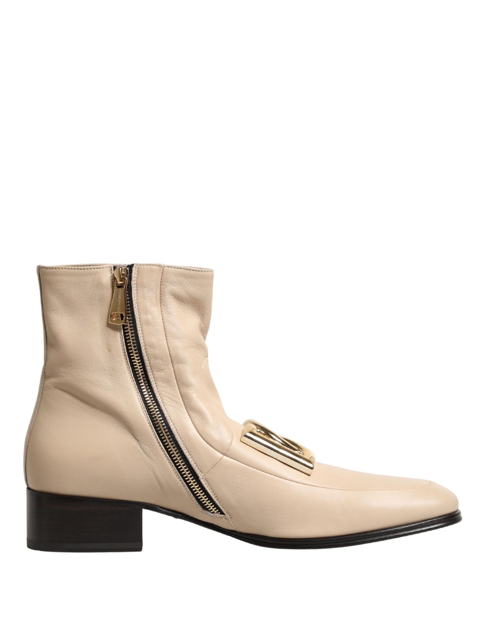 Dolce & Gabbana Beige Leather Logo Plaque Ankle Boots Shoes