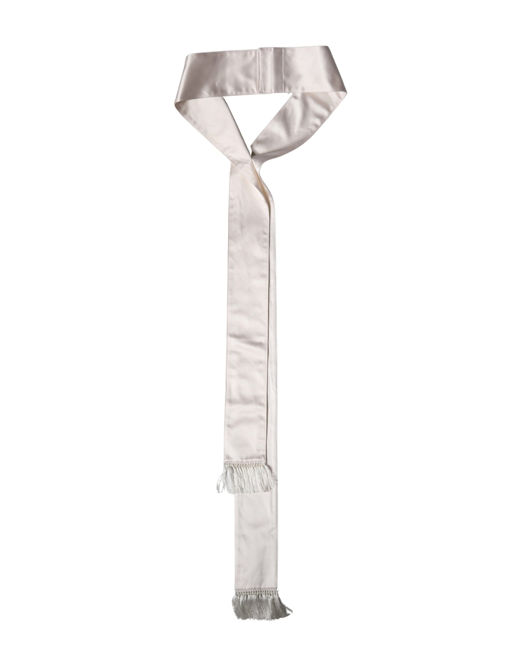 Dolce & Gabbana White Silk Satin Fringes Foulard 282cm x 10cm Men Scarf