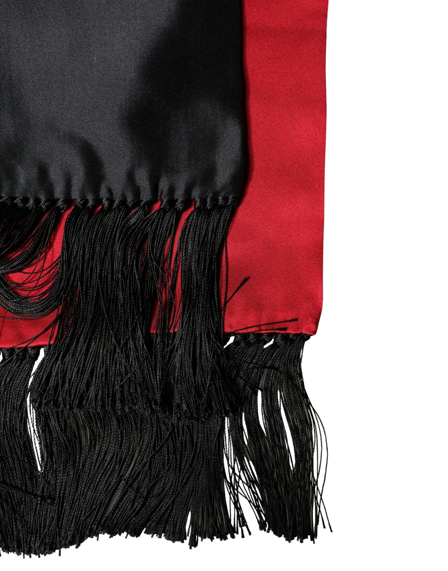 Dolce & Gabbana Red Black Silk Floral Fringe Neck Wrap Scarf
