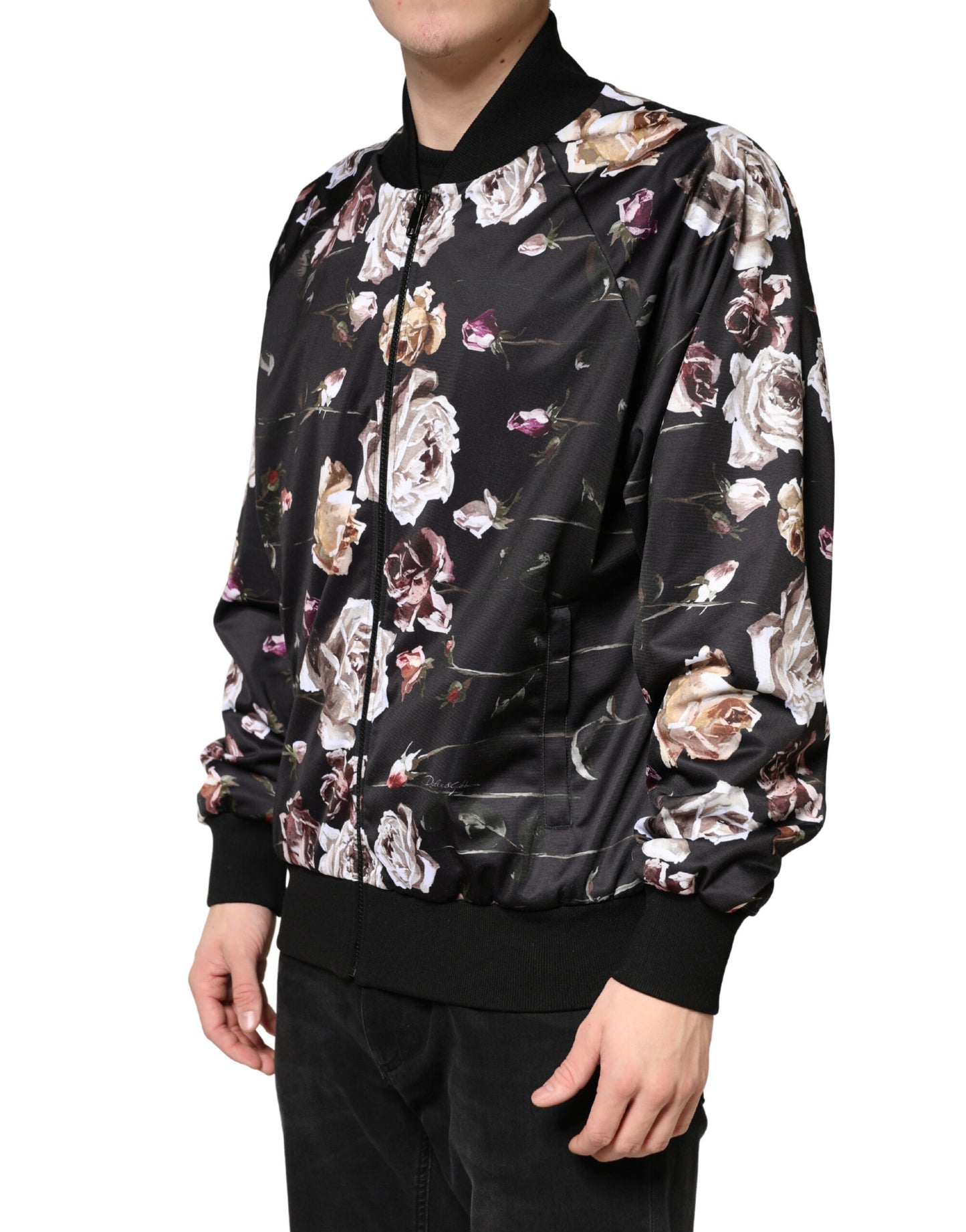 Dolce & Gabbana Black Floral Polyester Full Zip Bomber Jacket