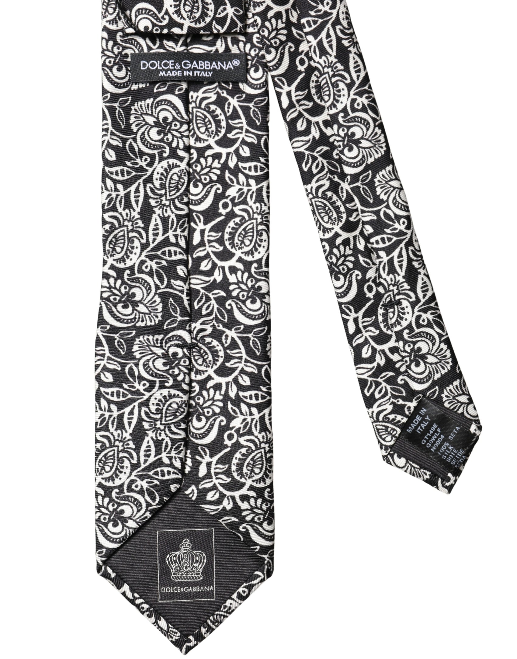 Dolce & Gabbana Black White Floral Fantasy Silk Adjustable Necktie Tie