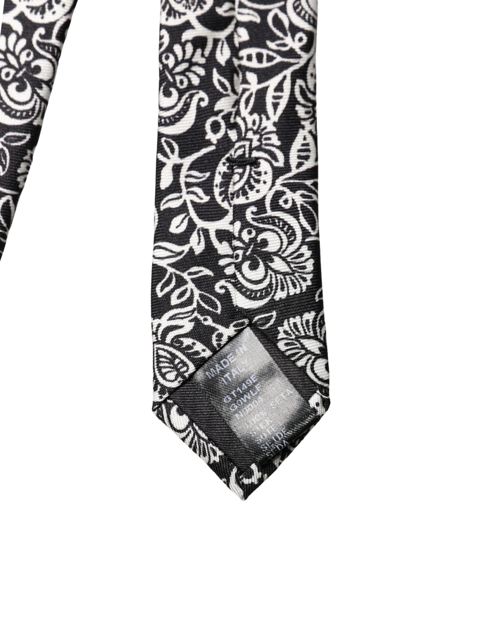 Dolce & Gabbana Black White Floral Fantasy Silk Adjustable Necktie Tie