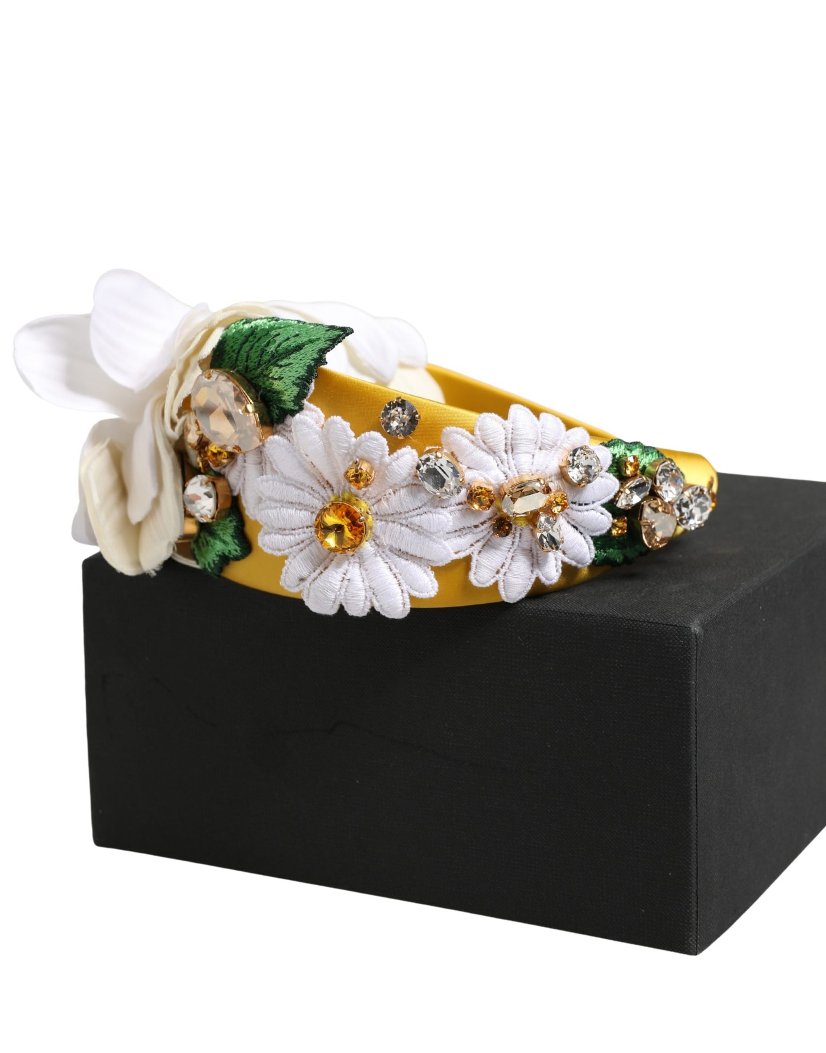 Dolce & Gabbana White Yellow Silk Blend Floral Crystals Diadem Headband