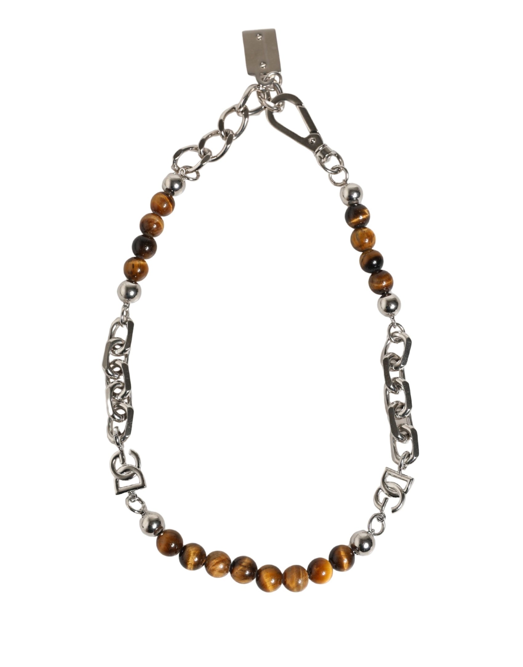 Dolce & Gabbana Silver Tone Brass Chain Beaded Gem DG Logo Bracelet