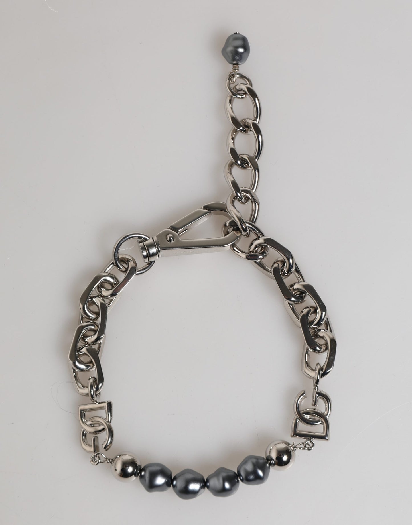 Dolce & Gabbana Silver Tone Chain Lobster Clasp Logo Gray Pearls Bracelet