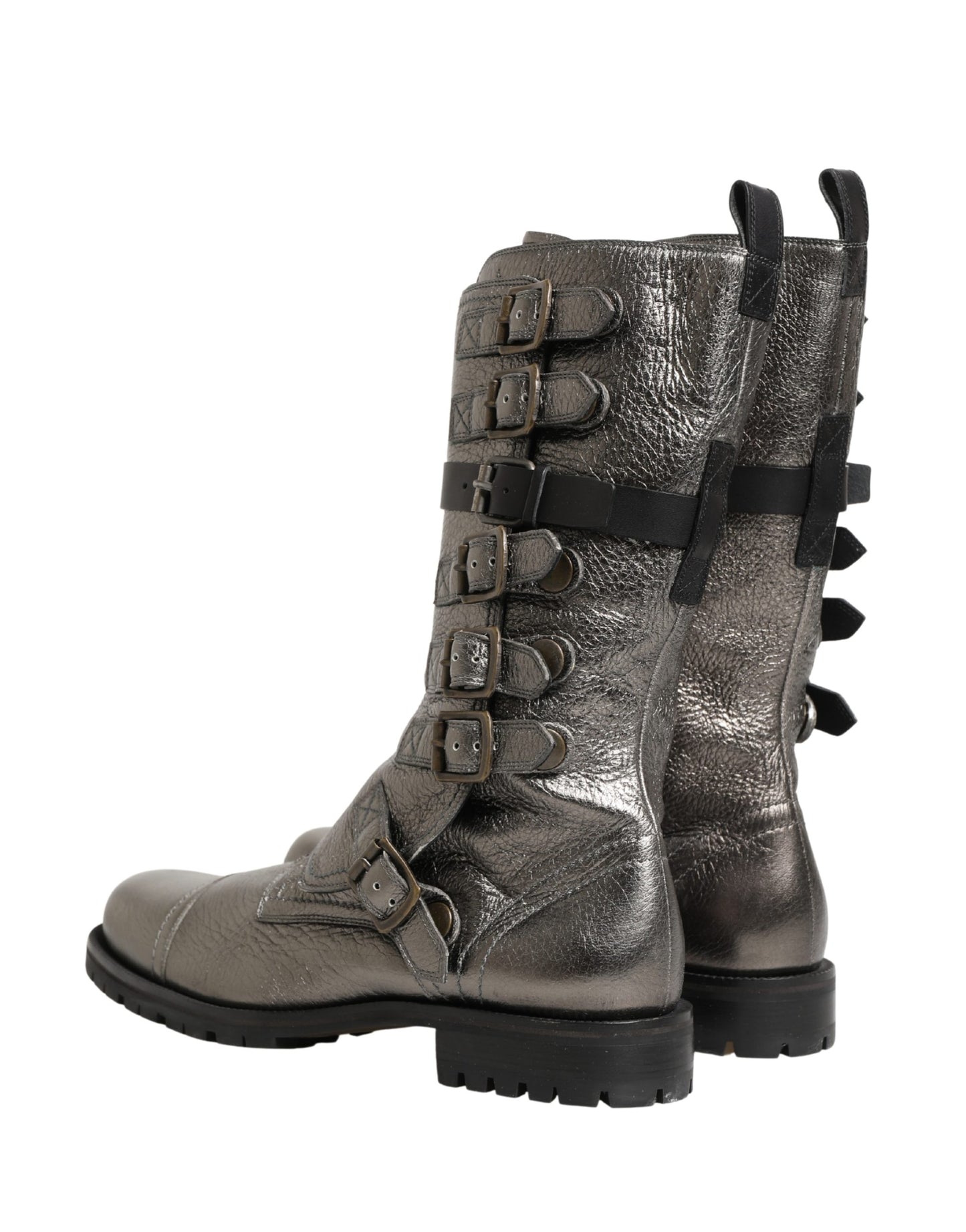 Dolce & Gabbana Metallic Silver Combat Biker Mid Calf Boots Shoes